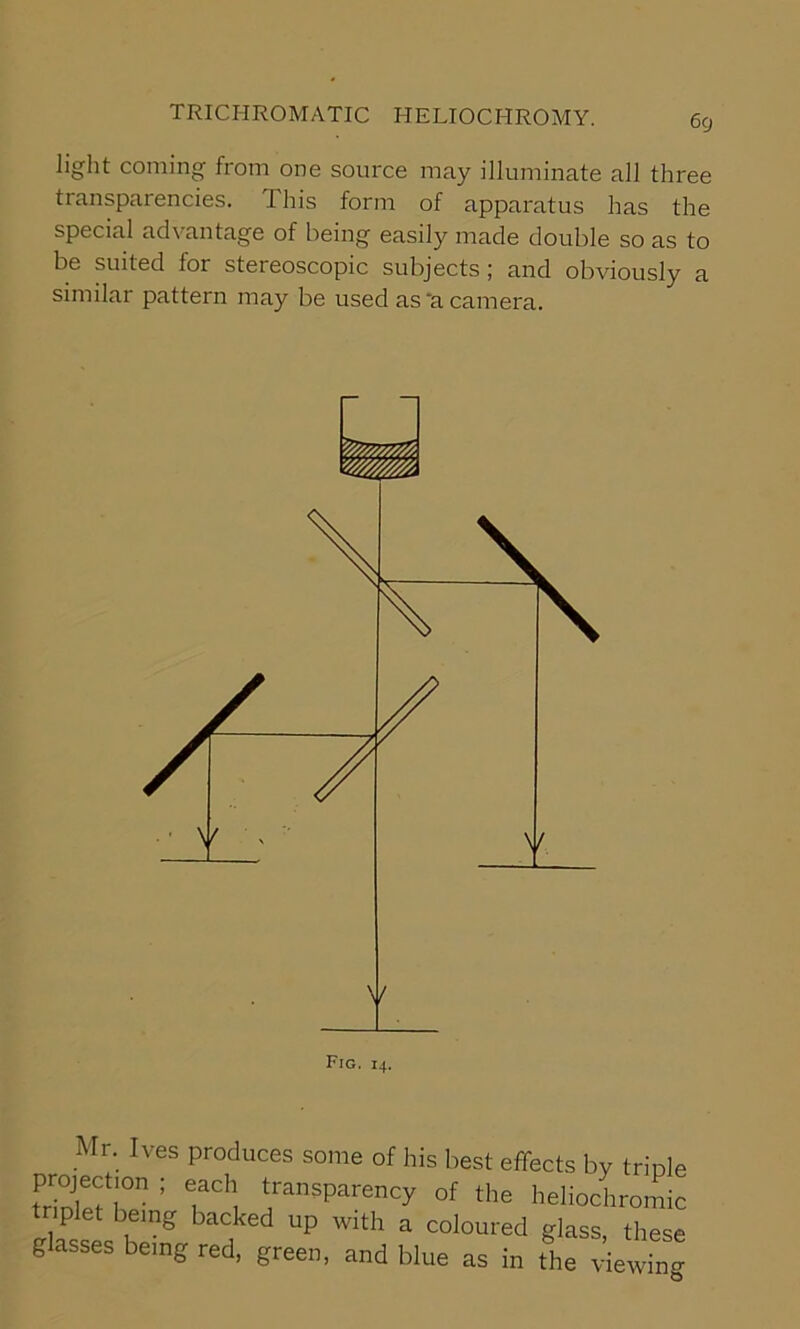 light coming from one source may illuminate all three transparencies. This form of apparatus has the special advantage of being easily made double so as to be suited lor stereoscopic subjects ; and obviously a similar pattern may be used as‘a camera. Mr. Ives produces some of his best effects by triple triolethe ; Thi jransparency of tl,e heliochromic plet being backed up with a coloured glass these glasses being red. green, and blue as in the viewbg