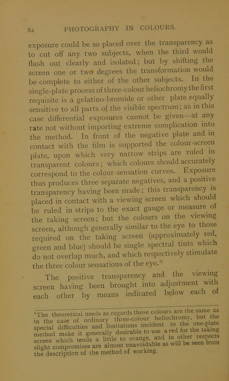 exposure could be so placed over the transparency as to cut off any two subjects, when the third would flash out clearly and isolated; but by shifting the screen one or two degrees the transformation would be complete to either of the other subjects. In the single-plate process of three-colour heliochromy the first requisite is a gelatino-bromide or other plate equally sensitive to all parts of the visible spectrum; as in this case differential exposures cannot be given—at any rate not without importing extreme complication into the method. In front of the negative plate and in contact with the film is supported the colour-screen plate, upon which very narrow strips are ruled in transparent colours ; which colours should accurate y correspond to the colour-sensation curves. Exposure thus produces three separate negatives, and a positive transparency having been made ; this transparency is placed in contact with a viewing screen which should be ruled in strips to the exact gauge or measure ot the taking screen; but the colours on the viewing screen, although generally similar to the eye to those required on the taking screen (approximately red, green and blue) should be single spectral tints which do not overlap much, and which respectively stimulate the three colour sensations of the eye.:: The positive transparency and the viewing screen having been brought into adjustment wit 1 each other by means indicated below each ot ’The theoretical needs as regards these c«lours arf )e the in the case of ordinary three-colour heliochromy but the special difficulties and limitations incident to.the o«PjJ method make it generally desirable to use a red for the U g screen which tends a little to orange and m other^pecw slight compromises are almost unavoidable as will be seen Ho the description of the method of woiking.