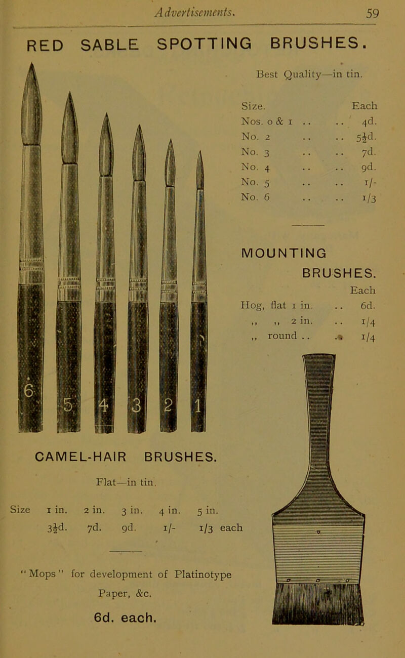 RED SABLE SPOTTING BRUSHES. Best Quality—in tin. Size. Each Nos. 0 & 1 .. .. 4d. No. 2 •• 5*d. No. 3 .. 7d. No. 4 9d. No. 5 .. 1 /- No. 6 •• i/3 MOUNTING BRUSHES. Each Hog, flat 1 in. .. 6d. ,, ,, 2 in. .. 1/4 ,, round .. •* i/4 CAMEL-HAIR BRUSHES. Flat—in tin. Size i in. 2 in. 3 in. 4 in. 5 in. 3^d. yd. gd. 1 /- 1/3 each Mops” for development of Platinotype Paper, &c. 6d. each.