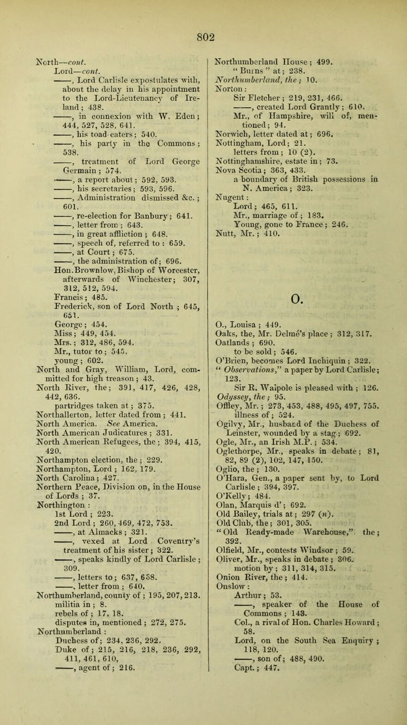 Korth—cont. Lord—cont. , Lord Carlisle expostulates ■with, about the delay in his appointment to the Lord-Lieutenancy of Ire- land ; 438. , in connexion ■with W. Eden; 444, 527, 528, 041. , his toad-eaters; 540. , his party in the Commons; 538. , treatment of Lord George Germain; 574. , a report about; 592, 593. , his secretaries; 593, 596. , Administration dismissed &c.; 601. , re-election for Banbury; 641. — , letter from ; 643. , in great affliction ; 648. ■■■■ , speech of, referred to : 659. , at Court; 675. , the administration of; 696. Hon.Brownlow,Bishop of Worcester, afterwards of Winchester; 307, 312, 512, 594. Francis; 485. Frederick, son of Lord North ; 645, 651. George; 454. Miss; 449, 454. Mrs.; 312, 486, 594. Mr., tutor to ; 545, young; 602. North and Gray, William, Lord, com- mitted for high treason ; 43. North River, the; 391, 417, 426, 428, 442, 636. partridges taken at; 375. Northallerton, letter dated from ; 441. North America. See America. North American Judicatures ; 331. North American Refugees, the ; 394, 415, 420. Northampton election, the ; 229. Northampton, Lord ; 162, 179. North Carolina; 427. Northern Peace, Division on, in the House of Lords ; 37. Northington : 1st Lord ; 223. 2nd Lord ; 260, 469, 472, 753. , at Almacks ; 321. , vexed at Lord Coventry’s treatment of his sister; 322. ——, speaks kindly of Lord Carlisle ; 309. , letters to; 637, 638. , letter from ; 640. Northumberland, county of ; 195, 207, 213. militia in ; 8. rebels of ; 17, 18. disputes in, mentioned ; 272, 275. Northumberland ; Duchess of; 234, 236, 292. Duke of; 215, 216, 218, 236, 292, 411, 461, 610, , agent of; 216. Northumberland House ; 499. “ Bums ” at; 238. Northumberland, the; 10. Norton: Sir Fletcher ; 219, 231, 466. , created Lord Grantly; 610. Mr., of Hampshire, will of, men- tioned ; 94. Norwich, letter dated at; 696. Nottingham, Lord; 21. letters from; 10(2). Nottinghamshire, estate in ; 73. Nova Scotia; 363, 433. .a boundary of British possessions in N. America; 323. N ugent: Lord; 465, 611. Mr., marriage of ; 183. Young, gone to France; 246. Nutt, Mr.; 410. 0. O., Louisa ; 449. Oaks, the, Mr. Delme’s place ; 312, 317. Oatlands ; 690. to be sold; 546. O’Brien, becomes Lord Inchiquin ; 322. “ Observations,” a paper by Lord Carlisle; 123. Sir R. Walpole is pleased with ; 126. Odyssey, the ; 95. Offlej^ Mr.; 273, 453, 488, 495, 497, 755. illness of; 524. Ogilvy, Mr., husband of the Duchess of Leinster, wounded b}' a stag ; 692. Ogle, Mr., an Irish M.P.; 534. Oglethorpe, Mr., speaks in debate; 81, 82, 89 (2), 102, 147, 1.50. Oglio, the ; 130. O’Hara, Gen., a paper sent by, to Lord Carlisle; 394, 397. O’Kelly; 484. Olan, Marquis d’; 692. Old Bailey, trials at; 297 (^^). Old Club, the; 301, 305. “ Old Ready-made Warehouse,” the; 392. Olfield, Mr., contests Windsor ; 59. Oliver, Mr., speaks in debate; 306. motion by; 311,314,315. Onion River, the ; 414. Onslow: Arthur; 53. , speaker of the House of Commons ; 143. Col., a rival of Hon. Charles Howard; 58. Lord, on the South Sea Enquiry ; 118, 120. , son of; 488, 490. Capt.; 447.