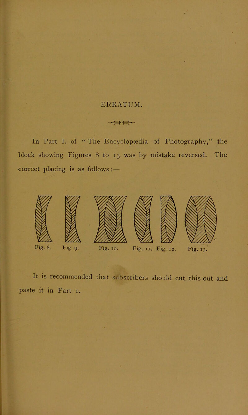 ERRATUM. In Part I. of “ The Encyclopaedia of Photography,” the block showing Figures 8 to 13 was by mistake reversed. The correct placing is as follows:— Fig. 8. tig. 9. Fig. 10. Fig. 11. Fig. 12. Fig. 13. It is recommended that subscribers should cut this out and paste it in Part 1.