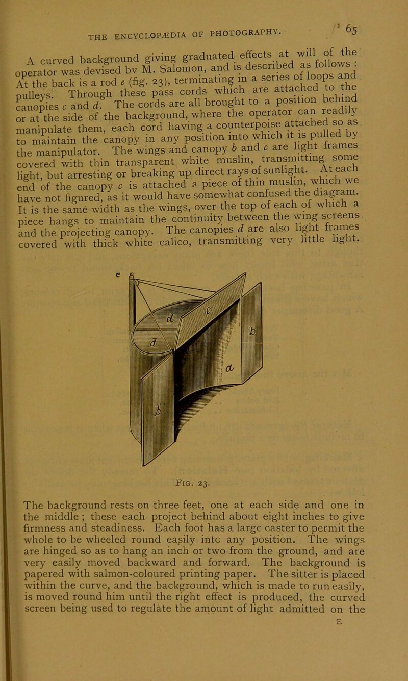 A curved background giving graduated effects at will of the ooerator was deviled bv M. Salomon, and is described as follows . At the back is a rod * (fig. 23), terminating m a^ senes o:Hoops and nullevs Through these pass cords which are attached to tne canopies c and d. The cords are all brought to a position behind or atPthe side of the background, where the operator can read! y manipulate them, each cord having a counterpoise attached so to maintain the canopy in any position into ™hic^ the manipulator. The wings and canopy b and c are light frames covered with thin transparent white muslin, transmit mg s°m light, but arresting or breaking up direct raysofsunhght. Atea end of the canopy c is attached a piece of thin muslin, which we have not figured, as it would have somewhat confused the diagra . It is the same width as the wings, over the top of each of whic 1 piece hangs to maintain the continuity between the wing screens and the projecting canopy. The canopies d are also light frames covered with thick white calico, transmitting \er) 1 e ^1 Fig. 23. The background rests on three feet, one at each side and one in the middle ; these each project behind about eight inches to give firmness and steadiness. Each foot has a large caster to permit the whole to be wheeled round easily into any position. The wings are hinged so as to hang an inch or two from the ground, and are very easily moved backward and forward. The background is papered with salmon-coloured printing paper. The sitter is placed within the curve, and the background, which is made to run easily, is moved round him until the right effect is produced, the curved screen being used to regulate the amount of light admitted on the E