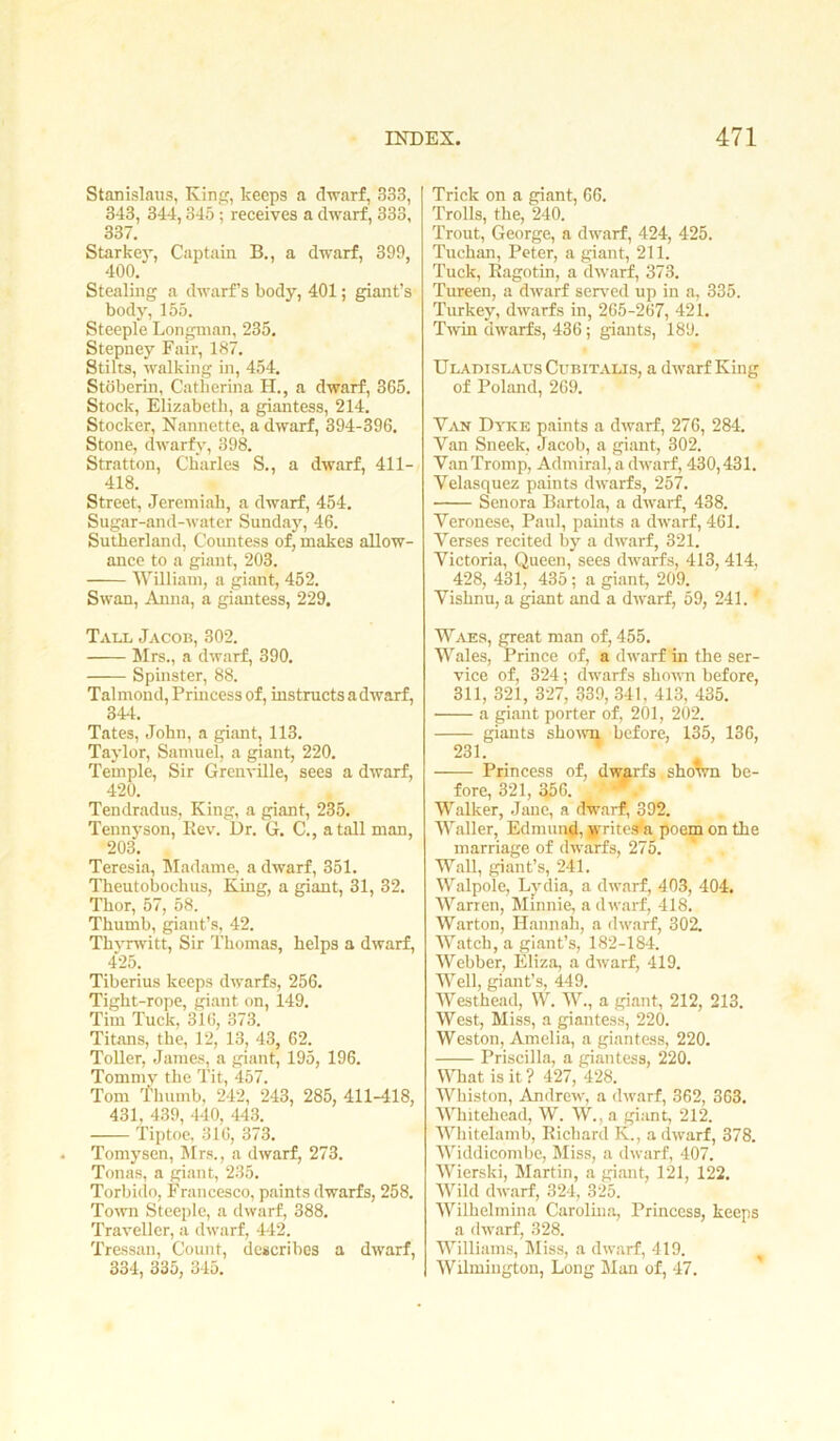 Stanislaus, King, keeps a dwarf, 333, 343, 344,345; receives a dwarf, 333, 337. Starkey, Captain B., a dwarf, 399, 400. Stealing a dwarf’s body, 401; giant’s body, 155. Steeple Longman, 235. Stepney Fair, 187. Stilts, walking in, 454. Stoberin, Catlierina H., a dwarf, 365. Stock, Elizabeth, a giantess, 214. Stocker, Nannette, a dwarf, 394-396. Stone, dwarfy, 398. Stratton, Charles S., a dwarf, 411- 418. Street, Jeremiah, a dwarf, 454. Sugar-and-water Sunday, 46. Sutherland, Coimtess of, makes allow- ance to a giant, 203. William, a giant, 452. Swan, Anna, a giantess, 229. Tall Jacob, 302. Mrs., a dwarf, 390. —— Spinster, 88. Talmond, Princess of, instructs a dwarf, 344. Tates, John, a giant, 113. Taylor, Samuel, a giant, 220. Temple, Sir Grenville, sees a dwarf, 420. Tendradus, King, a giant, 235. Tennyson, Rev. Dr. G. C., a tall man, 203. Teresia, Madame, a dwarf, 351. Theutobochus, King, a giant, 31, 32. Thor, 57, 58. Thumb, giant’s, 42. Thyrwitt, Sir Thomas, helps a dwarf, 425. Tiberius keeps dwarfs, 256. Tight-rope, giant on, 149. Tim Tuck, 316, 373. Titans, the, 12, 13, 43, 62. Toller, James, a giant, 195, 196. Tommy the Tit, 457. Tom thumb, 242, 243, 285, 411-418, 431, 439, 440, 443. Tiptoe, 316, 373. Tomysen, Mrs., a dwarf, 273. Tonas, a giant, 235. Torbido, Francesco, paints dwarfs, 258. Town Steeple, a dwarf, 388. Traveller, a dwarf, 442. Tressan, Count, describes a dwarf, 334, 335, 345. Trick on a giant, 66. Trolls, the, 240. Trout, George, a dwarf, 424, 425. Tuchan, Peter, a giant, 211. Tuck, Ragotin, a dwarf, 373. Tureen, a dwarf served up in a, 335. Turkey, dwarfs in, 265-267, 421. Twin dwarfs, 436; giants, 189. UladislausCubitalis, a dwarf King of Poland, 269. Van Dyke paints a dwarf, 276, 284. Van Sneek, Jacob, a giant, 302. VanTromp, Admiral, a dwarf, 430,431. Velasquez paints dwarfs, 257. Senora Bartola, a dwarf, 438. Veronese, Paul, paints a dwarf, 461. Verses recited by a dwarf, 321. Victoria, Queen, sees dwarfs, 413, 414, 428, 431, 435; a giant, 209. Vishnu, a giant and a dwarf, 59, 241.1 Waes, great man of, 455. Wales, Prince of, a dwarf in the ser- vice of, 324; dwarfs shown before, 311, 321, 327, 339, 341, 413, 435. a giant porter of, 201, 202. giants shown before, 135, 136, 231. Princess of, dwarfs shown be- fore, 321, 356. '* V Walker, Jane, a dwarf, 392. Waller, Edmund, yritesKa poem on the marriage of dwarfs, 275. Wall, giant’s, 241. Walpole, Lydia, a dwarf, 403, 404. Warren, Minnie, a dwarf, 418. Warton, Hannah, a dwarf, 302. Watch, a giant’s, 182-184. Webber, Eliza, a dwarf, 419. Well, giant’s, 449. Westhead, W. W., a giant, 212, 213. West, Miss, a giantess, 220. Weston, Amelia, a giantess, 220. Priscilla, a giantess, 220. What is it ? 427, 428. Whiston, Andrew, a dwarf, 362, 363. Whitehead, W. W., a giant, 212. Whitelamb, Richard K., a dwarf, 378. Widdicombe, Miss, a dwarf, 407. Wierski, Martin, a giant, 121, 122. Wild dwarf, 324, 325. Wilhelmina Carolina, Princess, keeps a dwarf, 328. Williams, Miss, a dwarf, 419. Wilmington, Long Man of, 47.