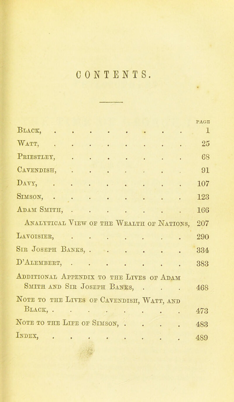 CONTENTS. PAGE Black, 1 Watt, 25 Priestley, 68 Catendish, 91 Bayt, 107 SlMSOK, 123 Adam Smith, 166 Analytical View oe the Wealth oe Nations, 207 Latoislee, 290 SiE Joseph Banks, 334 D’Alembeet, 383 Additional Appendix to the Lives oe Adam Smith and Sie Joseph Banks, . . . 468 Note to the Lives oe Cayendish, Watt, and Black, 473 Note to the Liee oe Simson, .... 483 Ildex, ••••..., 489 ‘•V