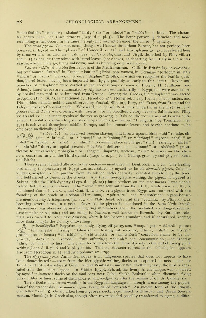 “ shin-oudtshv ” response ; “ shaimS ” bird ; “ slw ” or “ sh6v£ ” or “ sh66v6 ” n leaf. — The charac- ter occurs under the Third dynasty (Leps. d ii. pi. 5). The lower portion I detached and more resembling a leaf, occurs in the same hieroglyphic inscription under the Third (J) dynasty. The wood-pigeon, Columba oenas, though well known throughout Europe, has not perhaps been observed in Egypt. — The “phassa” of Homer il. xv. 238, and Aristophanes av. 303, is referred here by some writers; as also the “palumbes ” of Cato, Nigidius, and Virgil, described by Pliny viii. 41 and x. 35 as healing themselves with laurel leaves (see above), as departing from Italy in the winter season, whither they go, being unknown, and as breeding only twice a year. Laurus nobilis of the Northern shores of the Mediterranean. Called in Britain bay or sweet bav, but by Chaucer ‘Taurer,” in France “laurier” (Prior pop. names), in Germany “ lorbeer,” in Italy “alloro” or “ lauro ” (Lenz), in Greece “thaphne” (Sibth), in which we recognize the leaf in ques- tion, laurel leaves having been imported into Egypt possibly as early as this date :—leaves and branches of “thaphne” were carried in the coronation-procession of Ptolemy II. (Callixen., and Athen.); laurel leaves are enumerated by Alpinus as used medicinally in Egypt, and were ascertained by Forskal mat. mecl. to be imported from Greece. Among the Greeks, the “thaphne” was sacred to Apollo (Plin. xii. 2), is mentioned by Hesiod op. 435, Homer od. i. 183, Ibycus, Theophrastus, and Dioscorides ; and L. nobilis was observed by Forskal, Sibthorp, Bory, and Fraas, from Crete and the Peloponnesus to Constantinople. Westward, the consul Postumius Tubertus in the first triumphal procession at Rome was crowned with “laurus ” for his bloodless victory over the Sabines, and Pliny xv. 38 and xvii. 11 further speaks of the tree as growing in Italy on the mountains and besides culti- vated: L. nobilis is known to grow also in Spain (Pers.), is termed “ 1. vulgaris” by Tournefort inst. 597; is cultivated throughout middle Europe, and its aromatic leaves and berries continue to be employed medicinally (Lindl.). “ shdvshdvS ” an incurved wooden shaving that inverts upon a bird; “ shi ” to take, ob- id tain ; “ shrSmpS ” or “ shrompi ” or “ shro5mp£ ” or “ shrfimpi ” pigeon ; “ shalti ” or “ shal ” or “ shalol ” or “ shald ” or “ shoilS ” to commit, place in charge ; “ shaj£ ” ear-ring; “ shreji ” or “ shreshS ” dowry or nuptial present; “shaefieu” delivered up; “ shaam£ ” or “ shooush ” preva- ricator, to prevaricate ; “ shagSm ” or “ shfigem ” impurity, unclean ; “ shi ” to marry. — The char- acter occurs as early as the Third dynasty (Leps. d. ii. pi. 3 to 6, Champ, gram. 77 and 381, and Buns, and Birch). There seems included allusion to the custom — mentioned in Deut. xxii. 14 to 21. The healing bird among the peasantry of Egypt was ascertained by myself to be the domestic pigeon, Columba vulgaris, adapted to the purpose from its silence under captivity: detested therefore by the Jews, and held sacred to Venus by the Greeks. Apart from hieroglyphic writing, the pigeon is figured at Sahara under the Fifth dynasty (Leps. d. ii. pi. 70) ; but elsewhere on the monuments I was unable to find distinct representations. The “ywnS ” was sent out from the ark by Noah (Gen. viii. 8) ; is mentioned also in Levit. v. 7, and Cant. ii. 14 to iv. 1 ; a pigeon from Egypt was connected with the founding of the oracle at Dodona (Herodotus); “ pSristSra ” and “ p£ristSr£6n ” pigeon-houses are mentioned by Aristophanes lys. 755, and Plato theaet. 198 ; and the “ columba” by Pliny x. 74 as breeding several times in a year. Eastward, the pigeon is mentioned in the Sama Veda (transl. Stevenson); was observed by myself lingering in numbers about the secluded and long-abandoned cave-temples at Adjunta; and according to Mason, is well known in Burmah. By European colo- nists, was carried to Northeast America, where it has become abundant, and if naturalized, keeping notwithstanding in the vicinity of dwellings. (“ henalbpSka ” Egyptian goose signifying offspring, son, Horap. i. 50) ; “sh£tsh£” goose; “ tshmtsheshS ” hissing; “ tshdutshits ” hissing (of serpents, Edw ) ; “ shjS ” or “ tshj£ ” grasshopper or locust; “ shi-tshipi ” or “ shi-tshotsh ” or “ shi-tshdtsh ” confusion, shame, to be dis- graced ; “shrfish” or “shrdfish” fruit, offspring; “ shmSh ” end, consummation; — in Hebrew “ shrk ” or “ lhsh ” to hiss. The character occurs from the Third dynasty to the end of hieroglyphic writing (Leps. d. ii. pi. 6, and k. pi. 5 to 66). That the character represents the “ henalSpex,” appears also from Herodotus ii. 72, and Aristophanes av. 1295. The Egyptian goose, Anser chenalopex, is an indigenous species that does not appear to have been domesticated:—apart from the hieroglyphic writing, flocks are captured in nets under the Fourth and Fifth dynasties at Gizeh : and at Benihassan under the Twelfth dynasty, the bird is sepa- rated from the domestic goose. In Middle Egypt, Feb. 2d, the living A. chenalopex was observed by myself in immense flocks on the sand-bars near Gebel Shekh Embarak ; when disturbed, flying away in files or lines, some of them plicated and wedge-like after the manner of our A. Canadensis. The articulation z seems wanting in the Egyptian language ; —though in use among the popula- tion of the present day, the domestic goose being called “ouizzah.” An ancient form of the Phoeni- cian letter “zyn ” 3, clearly taken from a goose’s neck, is continued in Etruscan, and Oscan (Gesen. monum. Phcenic.); in Greek also, though often reversed, and possibly transferred to sigma, a differ-