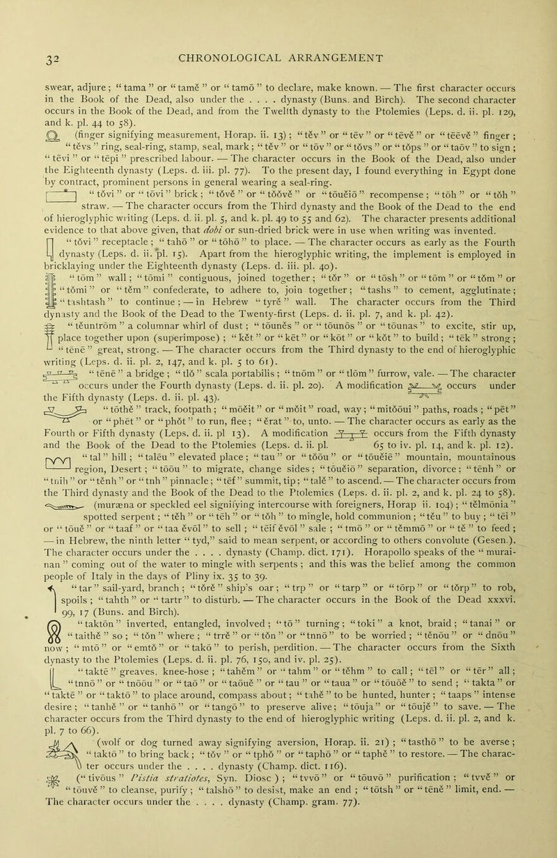 swear, adjure ; “ tama ” or “ tam£ ” or “ tamo ” to declare, make known. — The first character occurs in the Book of the Dead, also under the .... dynasty (Buns, and Birch). The second character occurs in the Book of the Dead, and from the Twelith dynasty to the Ptolemies (Leps. d. ii. pi. 129, and k. pi. 44 to 58). (finger signifying measurement, Horap. ii. 13); “ tSv ” or “ tev ” or “ tevS ” or “ teevS ” finger ; “ tSvs ” ring, seal-ring, stamp, seal, mark; “ t£v ” or “ t5v ” or “ t6vs ” or “ t6ps ” or “ ta5v ” to sign ; “ tevi ” or “ tepi ” prescribed labour.—The character occurs in the Book of the Dead, also under the Eighteenth dynasty (Leps. d. iii. pi. 77). To the present day, I found everything in Egypt done by contract, prominent persons in general wearing a seal-ring. | “ t6vi ” or “ t5vi ” brick ; “ t6v£ ” or “ tS6v§ ” or “touSio” recompense; “ toh ” or “ tdh ” straw. — The character occurs from the Third dynasty and the Book of the Dead to the end of hieroglyphic writing (Leps. d. ii. pi. 5, and k. pi. 49 to 55 and 62). The character presents additional evidence to that above given, that dobi or sun-dried brick were in use when writing was invented. “ t6vi ” receptacle ; “ taho ” or “ t5ho ” to place. — The character occurs as early as the Fourth dynasty (Leps. d. ii. pi. 15). Apart from the hieroglyphic writing, the implement is employed in bricklaying under the Eighteenth dynasty (Leps. d. iii. pi. 40). “tom” wall; “tomi” contiguous, joined together; “ t6r ” or “ tosh ” or “ tom ” or “ t6m ” or t6mi ” or “ tSm ” confederate, to adhere to, join together; “ tashs ” to cement, agglutinate; tashtash ” to continue; — in Hebrew “ tyr6 ” wall. The character occurs from the Third dynasty and the Book of the Dead to the Twenty-first (Leps. d. ii. pi. 7, and k. pi. 42). ?“ tSuntrom ” a columnar whirl of dust; “ tSun^s ” or “ tounos ” or “ tounas ” to excite, stir up, place together upon (superimpose) ; “ k£t ” or “ ket ” or “ kot ” or “ k6t ” to build ; “ tek ” strong ; “tene” great, strong. —The character occurs from the Third dynasty to the end of hieroglyphic writing (Leps. d. ii. pi. 2, 147, and k. pi. 5 to 61). u -Sg “ tene ” a bridge ; “ tl6 ” scala portabilis ; “ tnom ” or “ tlom ” furrow, vale. — The character “ occurs under the Fourth dynasty (Leps. d. ii. pi. 20). A modification occurs under the Fifth dynasty (Leps. d. ii. pi. 43). ’ ^ ,-57__5J=1 “ tothS ” track, footpath ; “ mo£it ” or “ mfiit ” road, way ; “ mitddui ” paths, roads ; “ pet ” or “phet” or “ph6t” to run, flee; “2rat” to, unto. •—The character occurs as early as the [VV] Sl occurs from the Fifth dynasty 65 to iv. pi. 14, and k. pi. 12). “touSie” mountain, mountainous Fourth or Fifth dynasty (Leps. d. ii. pi 13). A modification -y—t- and the Book of the Dead to the Ptolemies (Leps. d. ii. pi. “ tal ” hill; “ taleu ” elevated place ; “tau”or “t6ou” or region, Desert; “toou ” to migrate, change sides; “tou£io” separation, divorce; “tenh ” or “ tnih ” or “t£nh ” or “ tnh ” pinnacle; “ tef ” summit, tip; “ talS ” to ascend. — The character occurs from the Third dynasty and the Book of the Dead to the Ptolemies (Leps. d. ii. pi. 2, and k. pi. 24 to 58). (murasna or speckled eel signifying intercourse with foreigners, Horap ii. 104); “ tSlmonia ” spotted serpent; “ t£h ” or “ teh ” or “ tdh ” to mingle, hold communion ; “ tdu ” to buy ; “ tei ” or “ toud ” or “ taaf ” or “ taa £vol ” to sell ; “ teif dvol ” sale ; “ tmo ” or “ tthnmo ” or “ td ” to feed ; — in Hebrew, the ninth letter “ tyd,” said to mean serpent, or according to others convolute (Gesen.). The character occurs under the .... dynasty (Champ, diet. 171). Horapollo speaks of the “ murai- nan ” coming out of the water to mingle with serpents ; and this was the belief among the common people of Italy in the days of Pliny ix. 35 to 39. “ tar ” sail-yard, branch ; “tdrS” ship’s oar; “ trp ” or “ tarp ” or “torp” or “tdrp” to rob, spoils; “ tahth ” or “ tartr ” to disturb.—The character occurs in the Book of the Dead xxxvi. 99, 17 (Buns, and Birch). “ takton ” inverted, entangled, involved; “to” turning; “toki” a knot, braid; “ tanai ” or ■ taithd ” so ; “ t6n ” where; “ trrd ” or “ t6n ” or “tnno ” to be worried; “ tdnou ” or “ dnou ” now; “mto” or “ emt6 ” or “tako” to perish, perdition. — The character occurs from the Sixth dynasty to the Ptolemies (Leps. d. ii. pi. 76, 150, and iv. pi. 25). “ takte ” greaves, knee-hose; “tahSm” or “ tahm ” or “ tShm ” to call; “tel” or “ter” all; “ tnno ” or “ tnoou ” or “ ta5 ” or “ taoue ” or “ tau ” or “ taua ” or “ toudd ” to send ; “ takta ” or L 1 takte ” or “ taktS ” to place around, compass about; “ tahd ” to be hunted, hunter ; “ taaps ” intense desire; “tanhS”or “tanhd” or “tangd” to preserve alive; “tSuja” or “ toujd ” to save. — The character occurs from the Third dynasty to the end of hieroglyphic writing (Leps. d. ii. pi. 2, and k. pi. 7 to 66). (wolf or dog turned away signifying aversion, Horap. ii. 21); “tastho” to be averse; “ takto ” to bring back ; “ t6v ” or “ tphd ” or “ tapho ” or “ taphS ” to restore. — The charac- ter occurs under the .... dynasty (Champ, diet. 116). (“ tivous ” Pistia stratiofes, Syn. Diosc ) ; “two” or “ touvo ” purification; “ tvv& ” or “ touvS ” to cleanse, purify ; “ talsho ” to desist, make an end ; “ totsh ” or “ ten£ ” limit, end. — The character occurs under the .... dynasty (Champ, gram. 77).