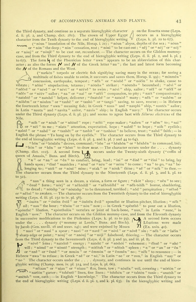 iwwvy vibrate ; the Third dynasty, and continue as a separate hieroglyphic character n on the Rosetta stone (Leps. d. ii. pi. 2, and Champ, diet. 281). The crown of Upper Egypt /) occurs as a hieroglyphic character from the Tenth dynasty to the end of hieroglyphic writing v (Leps. k. pi. 10 to 67). (“ noun ” inundation of the Nile, Horap. i. 21) ; “ ndun ” abyss, depths of the sea ; “ noun ” or “ non ” the deep ; “ non ” cessation, rest; “ noni ” to be cast out; “ nSj ” or “ nej ” or “ noj ” or “ nouj ” or “nouj£” to be cast out, recumbent. — The character occurs on the Gliddon mummy- case, and from the Third dynasty to the end of hieroglyphic writing (Leps. d. ii. pi. 2, and k. pi. 5 to 67). The form Vj of the Phoenician letter “ nwn ” appears to be an abbreviation of this char- acter ; as also the forms H and N of the Greek letter “nu”; the last and latest form becoming the N of the Romans and the West. (“ narken ” torpedo or electric fish signifying saving many in the ocean; for seeing a multitude of fishes unable to swim, it succours and saves them, Horap. ii. 99) ; “ monmen ” concussion, earthquake, tempest ; “ n£h ” or “ nSuhS ” or “ noSin ” to shake, cause to “ ndini ” stupefaction, tetanus; “ notshs ” striker; “noutshs” benumbed; “ nevi ” or or “nev£” or “nevi” or “ neev£ ” to swim; “nevi” ship, sailor; “ n£f ” or “ n£5f ” or “ n££v ” or “ neev ” sailor ; “ na ” or “ nai ” or “ n£6i ” compassion, to pity ; “ naet ” compassionate ; “natsht£”or “ natshd ” helper, deliverer; “ £natsh£ ” or “natsn£” many; “ n&h ” or “nahSm” or “ nohSm ” or “ nSuhm ” or “ tanhS ” or “ tanho ” or “ tango ” saving, to save, rescue ; — in Hebrew the fourteenth letter “ nwn ” meaning fish ; in Greek “ naus ” and “ nauphi ” ship, “ nautes ” sailor; in Latin “nauta” and “ navita ” sailor, “navis” ship; in English “navy.” The character occurs under the Third dynasty (Leps. d. ii. pi. 3) ; and seems to agree best with Silurus electricus of the Nile. a“ noh ” or “ nouh ” or “ n65ud ” rope; “n5hi” rope-maker; “nahrn” or “ n£m ” to; “nai” or “ nei ” to me ; “ niats ” attention, expectation, hope ; “ nahtS ” to hope ; “ noh ” eyelids ; “ nahtS ” or “ nahd ” or “ tanh£t ” or “ tanhit ” or “ tanhout ” to believe, trust; “ nalid ” faith ; — in English the phrase “To hang on by the eyelids.” The character occurs from the Third dynasty to the end of hieroglyphic writing (Leps. d. ii. pi. 5, and k. pi. 7 and 44 to 64). f I “ h6n ” or “ honhSn ” decree, command ; “ h6n ” or “ h£nh6n ” or “ h£nh£n ” to command, bid ; “hon” or “hdn” or“h6nt” to draw near. — The character occurs under the .... dynasty (Champ, diet. 112). A second form ^ § occurs under the Twenty-sixth dynasty (“coffin of queen of Amasis,” Buns, and Birch). (73/ “n” or “na” or “£nv to conduct, bring, lead; “ini” or “ 6in2 ” or“£ini”to bring, lay hands upon ; “ £in£ ” manicles ; “ noui ” or “ neu ” or “ neou ” to come ; “ na ” to go, “ na ” be- longing to; “ntei” or “n5ui” mine; “ntak” or “ nouk ” thine; “ nS ” or “ nek ” to thee.— The character occurs from the Third dynasty to the Nineteenth (Leps. d. ii. pi. 3, and k. pi. 10 to 32). “ nau ” a thing seen in a dream, a vision, a form or figure ; “ nkot ” sleep ; “ n£u ” to see ; “Snu£ ” form; “norj” or “ nShtshlf ” or “n&htshlhf” or “ nSh-tshlh ” horror, shuddering, to dread ; “ notshp ” or “ noutshp ” to be threatened, terrified ; “ ndd ” perspiration ; “ nShs^ ” or “ nShsi ” to awaken. — The character occurs from the Twentieth dynasty to the end of hieroglyphic writing (Leps. d. iii. pi. 232 to iv. pi. 58). “ duotn ” or “ oubtn £vol ” or “ oufitSn Svol ” spondist or libation-pitcher, libation ; “ n£h ” oil; “ nau ” the hour ; “ tSnou ” or “ nou ” now ; — in Greek “ sp£nth6 ” to pour out a libation, “ sponthe ” libation, “ sponthulos ” vertebra or joint of back-bone, “ nun,” in Latin “ nunc,” in English “ now.” The character occurs on the Gliddon mummy-case, and from the Eleventh dynasty in successive modifications to the Ptolemies (Leps. k. pi. 10 to 59). a*. A second form occurs under the .... dynasty (“ mummy at Leeds,” Buns, and Birch). ' /jJ Libations were made by Jacob (Gen. xxviii. 18 and xxxv. 14); and were enjoined by Moses (Ex. xxix. 40). II “ navi ” or “ naui ” a spear ; “ navi ” or “ navS ” or “ novi ” or “ novS ” sin ; “ nSh ” or “ la§in ” sharp edge or point; “ nouj ” or “ nnouj ” or “ noji ” falsehood, thieving. — The character occurs from the Third dynasty to the Seventeenth (Leps. d. ii. pi. 3 and 30, and iii. pi. 8). r“nev£” loins; “natsht6” energy; “ natsht ” or “ ntshot ” vehement; “2hn£” or “ nhe ” will ; “ n5md ” or “ nomtS ” strength ; “ nSSitsh ” or “ nbitsh ” spleen ; “ n ” or “ an ” or “ Sn ” or “ nnS ” or “ £nn£ ” “ or mmon ” or “ Amnion ” or “ Smmfin ” no ; “ n§h ” to renounce ; — in Hebrew “nwa” to refuse; in Greek “ n& ” or “ne,” in Latin “ ne ” or “non,” in English “nay” or “no” The character occurs under the .... dynasty, and continues in use until the end of hiero- glyphic writing (Champ, mon. iv. pi. 314, and Leps. k. pi. 66). “nSiaau” or “niau” or “niaau” flax, linen, tow ; “ noulix ” veil, covering ; “ndrion”or ' rrm “ narion ” garter ; “ tshSntS ” linen, fine linen; “tshthen” or “ tshten ” tunic ; “anatsh”or “anetsh” vow, oath ; — in English “knowledge.” The character occurs from the Third dynasty to the end of hieroglyphic writing (Leps. d. ii. pi. 2, and k. pi. 63). In the hieroglyphic writing and