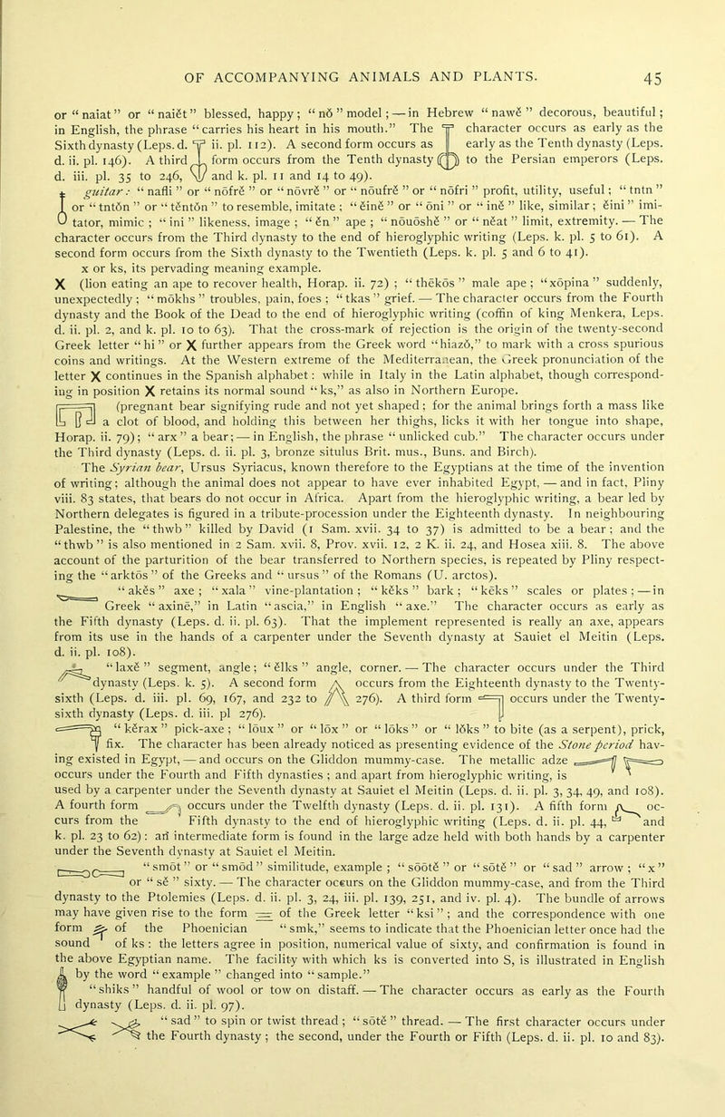6TP or “ naiat ” or “naigt” blessed, happy; “ n6 ” model;—in Hebrew “ nawS ” decorous, beautiful; in English, the phrase “carries his heart in his mouth.” The y character occurs as early as the Sixth dynasty (Leps.d. ii.pl. 112). A second form occurs as early as the Tenth dynasty (Leps. d. ii. pi. 146). A third L form occurs from the Tenth dynasty ^j) to the Persian emperors (Leps. d. iii. pi. 35 to 246, \l/ and k. pi. 11 and 14 to 49). * guitar: “ nafli ” or “ nofrS ” or “ novrS ” or “ nSufrS ” or “ n5fri ” profit, utility, useful; “ tntn ” I or “ tntdn ” or “ tSntdn ” to resemble, imitate ; “ Sing ” or “ oni ” or “ inS ” like, similar ; Sini ” imi- 0 tator, mimic ; “ ini ” likeness, image ; “ Sn ” ape ; “ nSuoshS ” or “ nSat ” limit, extremity. — The character occurs from the Third dynasty to the end of hieroglyphic writing (Leps. k. pi. 5 to 61). A second form occurs from the Sixth dynasty to the Twentieth (Leps. k. pi. 5 and 6 to 41). x or ks, its pervading meaning example. X (lion eating an ape to recover health, Horap. ii. 72) ; “ thekos ” male ape ; “xopina ” suddenly, unexpectedly ; “ mSkhs ” troubles, pain, foes ; “ tkas ” grief. — The character occurs from the Fourth dynasty and the Book of the Dead to the end of hieroglyphic writing (coffin of king Menkera, Leps. d. ii. pi. 2, and k. pi. 10 to 63). That the cross-mark of rejection is the origin of the twenty-second Greek letter “hi” or X further appears from the Greek word “hiazd,” to mark with a cross spurious coins and writings. At the Western extreme of the Mediterranean, the Greek pronunciation of the letter X continues in the Spanish alphabet: while in Italy in the Latin alphabet, though correspond- ing: in position X retains its normal sound “ ks,” as also in Northern Europe. (pregnant bear signifying rude and not yet shaped; for the animal brings forth a mass like a clot of blood, and holding this between her thighs, licks it with her tongue into shape, Horap. ii. 79); “ arx ” a bear; — in English, the phrase “ unlicked cub.” The character occurs under the Third dynasty (Leps. d. ii. pi. 3, bronze situlus Brit, mus., Buns, and Birch). The Syrian bear, Ursus Syriacus, known therefore to the Egyptians at the time of the invention of writing; although the animal does not appear to have ever inhabited Egypt, — and in fact, Pliny viii. 83 states, that bears do not occur in Africa. Apart from the hieroglyphic writing, a bear led by Northern delegates is figured in a tribute-procession under the Eighteenth dynasty. In neighbouring Palestine, the “ thwb ” killed by David (1 Sam. xvii. 34 to 37) is admitted to be a bear; and the “thwb ” is also mentioned in 2 Sam. xvii. 8, Prov. xvii. 12, 2 K. ii. 24, and Hosea xiii. 8. The above account of the parturition of the bear transferred to Northern species, is repeated by Pliny respect- ing the “arktos” of the Greeks and “ ursus” of the Romans (U. arctos). __ “ ak£s ” axe; “ xala ” vine-plantation; “ kSks ” bark; “keks” scales or plates;—in Greek “ axine,” in Latin “ascia,” in English “axe.” The character occurs as early as the Fifth dynasty (Leps. d. ii. pi. 63). That the implement represented is really an axe, appears from its use in the hands of a carpenter under the Seventh dynasty at Sauiet el Meitin (Leps. d. ii. pi. 108). ■laxS” segment, angle; “ Slks ” angle, corner. — The character occurs under the Third ’dynasty (Leps. k. 5). A second form sixth (Leps. d. iii. pi. 69, 167, and 232 to sixth dynasty (Leps. d. iii. pi 276). «==—pu “ kSrax ” pick-axe ; “ loux ” or “ lox ” or “ loks ” or “ 15ks : y fix. The character has been already noticed as presenting evidence of the Stone period hav- ing existed in Egypt, — and occurs on the Gliddon mummy-case. The metallic adze ^===17 '?==d occurs under the Fourth and Fifth dynasties ; and apart from hieroglyphic writing, is ' used by a carpenter under the Seventh dynasty at Sauiet el Meitin (Leps. d. ii. pi. 3, 34, 49, and 108). A fourth form ^ occurs under the Twelfth dynasty (Leps. d. ii. pi. 131). A fifth form (rv ^ oc- curs from the Fifth dynasty to the end of hieroglyphic writing (Leps. d. ii. pi. 44, 6=1 and k. pi. 23 to 62): an intermediate form is found in the large adze held with both hands by a carpenter under the Seventh dynasty at Sauiet el Meitin. r ^ “smot” or “sm5d” similitude, example ; “ sbotS ” or “ sot£ ” or “sad ” arrow ; “x” or “ s§ ” sixty. — The character occurs on the Gliddon mummy-case, and from the Third dynasty to the Ptolemies (Leps. d. ii. pi. 3, 24, iii. pi. 139, 251, and iv. pi. 4). The bundle of arrows may have given rise to the form ^ of the Greek letter “ksi”; and the correspondence with one form ^ of the Phoenician “ smk,” seems to indicate that the Phoenician letter once had the sound of ks : the letters agree in position, numerical value of sixty, and confirmation is found in the above Egyptian name. The facility with which ks is converted into S, is illustrated in English A by the word “example ” changed into “sample.” w “shiks” handful of wool or tow on distaff.—The character occurs as early as the Fourth Li dynasty (Leps. d. ii. pi. 97). “ sad ” to spin or twist thread ; “ sotS ” thread. — The first character occurs under the Fourth dynasty ; the second, under the Fourth or Fifth (Leps. d. ii. pi. 10 and 83). occurs from the Eighteenth dynasty to the Twenty- 276). A third form ==jj occurs under the Twenty- to bite (as a serpent), prick, ><