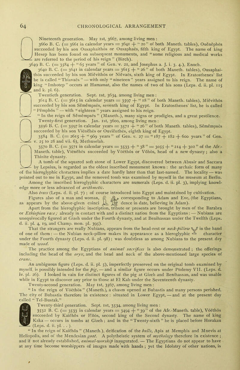 KJ. Nineteenth generation. May ist, 3667, among living men : 3660 B. C. (=: 3661 in calendar years = 3641 -)- “ 20 ” of both Maneth. tables), Ou&n£phes succeeded by his son Ousaphaithos or Ousaphaes, fifth king of Egypt. The name of king Hesep has been found on subsequent monuments, and “some religious and medical works are referred to the period of his reign ” (Birch). 3649 B. C. (= 3584 -f “ 65 years ” of Gen. v. 21, and Josephus a. J. i. 3. 4.), Enoch. 3640 B. C. (= 3641 in calendar years = 3615 -j- “ 26” of both Maneth. tables), Ousaphai- thos succeeded by his son MiSvithos or NiSvaes, sixth king of Egypt. In Eratosthenes’ list he is called “ Thiavaes ” — with only “nineteen” years assigned to his reign. The name of king “ Imhotep ” occurs at Hamamat, also the names of two of his sons (Leps. d. ii. pi. 115 and k. pi. 6). Twentieth generation. Sept, ist, 3634, among living men : 3614 B. C. (= 3615 in calendar years = 3597 -J- “ 18 ” of both Maneth. tables), Mi£vithos succeeded by his son SSm£mpses, seventh king of Egypt. In Eratosthenes’ list, he is called “ PSmphds ” —with “ eighteen ” years assigned to his reign. “ In the reign of S£mempses ” (Maneth.), many signs or prodigies, and a great pestilence. Twenty-first generation. Jan. 1st, 3600, among living men : 3596 B. C. (= 3597 in calendar years = 3571 -)- “26” of both Maneth. tables), Semgmpses succeeded by his son VienShes or OuviSnthes, eighth king of Egypt. 3584 B. C. (= 2615 -f- “ 969 years ” of Gen. v. 27 = “ 187 -|- 182 -)- 600 years ” of Gen. v. 25 to 28 and vii. 6), Methuselah. 3570 B. C. (= 3571 in calendar years = 3533 -f- “ 38 ” = 3055 -j- “214 302 ” of the Afr.- Maneth. table), Vien£hes succeeded by Voethds or V6hos, head of a new dynasty; also a Thinite dynasty. i A tomb of the squared soft stone of Lower Egypt, discovered between Abusir and Saccara -b=—eL by Lepsius, is regarded as the oldest inscribed monument known : the archaic form of many of die hieroglyphic characters implies a date hardly later than that last-named. The locality — was pointed out to me in Egypt, and the removed tomb was examined by myself in the museum at Berlin. Among the inscribed hieroglyphic characters are numerals (Leps. d. ii. pi. 3), implying knowl- edge more or less advanced of arithmetic. Also trees (Leps. d. ii. pi. 7) ; of course introduced into Egypt and maintained by cultivation. .j, corresponding to Adam and Eve, (the Egyptians, dence in date, believing in Adam). Apart from the hieroglyphic inscription, tribute or presents are brought by men of the Barabra or Ethiopian race; already in contact with and a distinct nation from the Egyptians : — Nubians are unequivocally figured at Gizeh under the Fourth dynasty, and at Benihassan under the Twelfth (Leps. d. ii. pi. 4, 19, and Champ, mon. pi. 395). That the strangers are really Nubians, appears from the head-rest or neck-pillow \J) in the hand of one of them: — the Nubian neck-pillow makes its appearance as a hieroglyphic “ character under the Fourth dynasty (Leps. d. ii. pi. 98) ; was doubtless as among Nubians to the present day made of wood. The practice among the Egyptians of animal sacrifices is also demonstrated ; the offerings including the head of the oryx, and the head and neck of the above-mentioned large species of crane. An ambiguous figure (Leps. d. ii. pi. 5), imperfectly preserved on the original tomb examined by myself, is possibly intended for the pig, — and a similar figure occurs under Ptolemy VII. (Leps. d. iv. pi. 26). I looked in vain for distinct figures of the pig at Gizeh and Benihassan, and was unable while in Egypt to discover any prior to those at El Kab under the Seventeenth dynasty. Twenty-second generation. May ist, 3567, among living men : “ In the reign of VoethSs” (Maneth.), a chasm opened at Bubastis and many persons perished. The city of Bubastis therefore in existence: situated in Lower Egypt, — and at the present day called “ Tel-Bustak.” 8 Twenty-third generation. Sept, ist, 3534, among living men : 3532 B. C. (= 3533 in calendar years = 3494 -J- “39” of the Afr.-Maneth. table), Voethos succeeded by KaiShbs or H6os, second king of the Second dynasty. The name of king Kaka — occurs in tombs at Gizeh ; and in the “Twenty-sixth ” he is placed before Horakau (Leps. d. ii. pi. . . ). “ In the reign of KaiShbs ” (Maneth.), deification of the bulls, Apis at Memphis and Mnevis at Heliopolis, and of the Mendesiangoat. A polytheistic system of mythology therefore in existence ; and if not already established, animal-worship inaugurated. — The Egyptians do not appear to have at any time become worshippers of images made with hands ; yet the Idolatry of other nations, is Figures also of a man and woman as appears by the above-given coinci