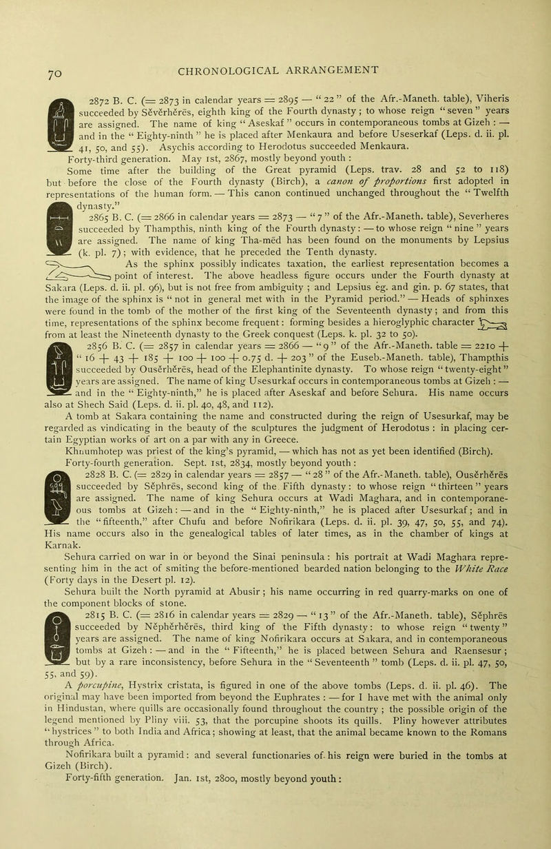 2872 B. C. (= 2873 in calendar years = 2895 — “ 22 ” of the Afr.-Maneth. table), Viheris succeeded by SSvSrhSres, eighth king of the Fourth dynasty; to whose reign “seven” years are assigned. The name of king “ Aseskaf ” occurs in contemporaneous tombs at Gizeh : — and in the “ Eighty-ninth ” he is placed after Menkaura and before Useserkaf (Leps. d. ii. pi. 41, 50, and 55). Asychis according to Herodotus succeeded Menkaura. Forty-third generation. May 1st, 2867, mostly beyond youth : Some time after the building of the Great pyramid (Leps. trav. 28 and 52 to 118) but before the close of the Fourth dynasty (Birch), a canon of proportions first adopted in representations of the human form. — This canon continued unchanged throughout the “Twelfth 8 dynasty.” 2865 B. C. (= 2866 in calendar years = 2873 — “ 7 ” of the Afr.-Maneth. table), Severheres succeeded by Thampthis, ninth king of the Fourth dynasty: —to whose reign “ nine ” years are assigned. The name of king Tha-med has been found on the monuments by Lepsius (k. pi. 7); with evidence, that he preceded the Tenth dynasty. As the sphinx possibly indicates taxation, the earliest representation becomes a point of interest. The above headless figure occurs under the Fourth dynasty at Sakara (Leps. d. ii. pi. 96), but is not free from ambiguity ; and Lepsius eg. and gin. p. 67 states, that the image of the sphinx is “ not in general met with in the Pyramid period.” — Heads of sphinxes were found in the tomb of the mother of the first king of the Seventeenth dynasty; and from this time, representations of the sphinx become frequent: forming besides a hieroglyphic character from at least the Nineteenth dynasty to the Greek conquest (Leps. k. pi. 32 to 50). 2856 B. C. (= 2857 in calendar years = 2866 — “9” of the Afr.-Maneth. table = 2210 -f- “ 16 43 + 185 100 -j- 100 -f- 0.75 d. -f 203 ” of the Euseb.-Maneth. table), Thampthis succeeded by Ous£rh£res, head of the Elephantinite dynasty. To whose reign “twenty-eight” years are assigned. The name of king Usesurkaf occurs in contemporaneous tombs at Gizeh : — and in the “ Eighty-ninth,” he is placed after Aseskaf and before Sehura. His name occurs also at Shech Said (Leps. d. ii. pi. 40, 48, and 112). A tomb at Sakara containing the name and constructed during the reign of Usesurkaf, may be regarded as vindicating in the beauty of the sculptures the judgment of Herodotus : in placing cer- tain Egyptian works of art on a par with any in Greece. Khnumhotep was priest of the king’s pyramid, — which has not as yet been identified (Birch). Forty-fourth generation. Sept. 1st, 2834, mostly beyond youth : 2828 B. C. (= 2829 in calendar years = 2857 — “28 ” of the Afr.-Maneth. table), OusSrh&res succeeded by SSphres, second king of the Fifth dynasty: to whose reign “ thirteen ” years are assigned. The name of king Sehura occurs at Wadi Maghara, and in contemporane- ous tombs at Gizeh:—and in the “Eighty-ninth,” he is placed after Usesurkaf; and in the “fifteenth,” after Chufu and before Nofirikara (Leps. d. ii. pi. 39, 47, 50, 55, and 74). His name occurs also in the genealogical tables of later times, as in the chamber of kings at Karnak. Sehura carried on war in or beyond the Sinai peninsula: his portrait at Wadi Maghara repre- senting him in the act of smiting the before-mentioned bearded nation belonging to the White Race (Forty days in the Desert pi. 12). Sehura built the North pyramid at Abusir ; his name occurring in red quarry-marks on one of the component blocks of stone. 82815 B. C. (= 2816 in calendar years = 2829 — “ 13” of the Afr.-Maneth. table), SSphres succeeded by N£ph£rh£res, third king of the Fifth dynasty: to whose reign “twenty” years are assigned. The name of king Nofirikara occurs at Sakara, and in contemporaneous tombs at Gizeh:—and in the “Fifteenth,” he is placed between Sehura and Raensesur ; but by a rare inconsistency, before Sehura in the “ Seventeenth ” tomb (Leps. d. ii. pi. 47, 50, 55, and 59). A porcupine, Hystrix cristata, is figured in one of the above tombs (Leps. d. ii. pi. 46). The original may have been imported from beyond the Euphrates : — for I have met with the animal only in Hindustan, where quills are occasionally found throughout the country ; the possible origin of the legend mentioned by Pliny viii. 53, that the porcupine shoots its quills. Pliny however attributes “hystrices” to both India and Africa; showing at least, that the animal became known to the Romans through Africa. Nofirikara built a pyramid: and several functionaries of. his reign were buried in the tombs at Gizeh (Birch).