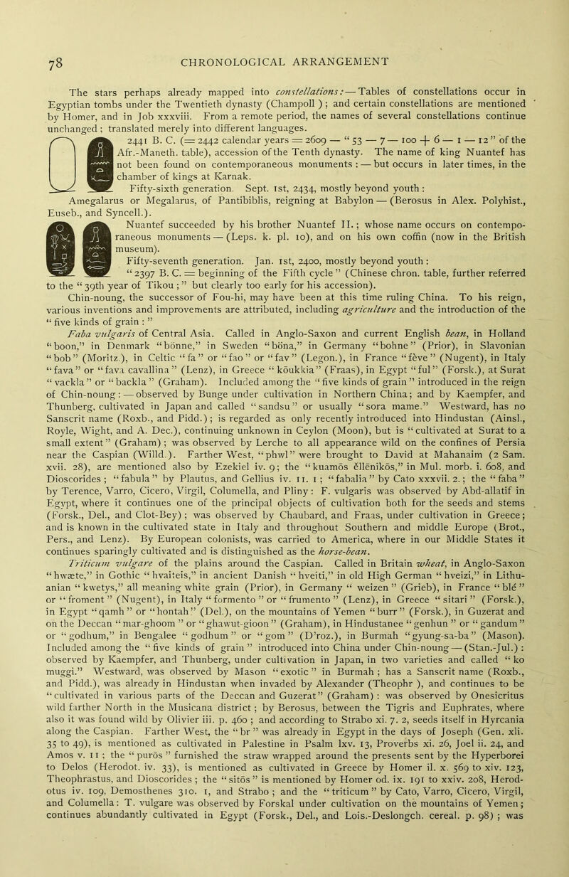 The stars perhaps already mapped into constellations:—Tables of constellations occur in Egyptian tombs under the Twentieth dynasty (Champoll ) ; and certain constellations are mentioned by Homer, and in Job xxxviii. From a remote period, the names of several constellations continue unchanged ; translated merely into different languages. 2441 B. C. (= 2442 calendar years = 2609 — “53 — 7 — 100 -J- 6 — 1 — 12 ” of the Afr.-Maneth. table), accession of the Tenth dynasty. The name of king Nuantef has not been found on contemporaneous monuments: — but occurs in later times, in the chamber of kings at Karnak. Fifty-sixth generation. Sept. 1st, 2434, mostly beyond youth : Amegalarus or Megalarus, of Pantibiblis, reigning at Babylon—(Berosus in Alex. Polyhist., Euseb., and Syncelh). Nuantef succeeded by his brother Nuantef II.; whose name occurs on contempo- raneous monuments — (Leps. k. pi. 10), and on his own coffin (now in the British museum). Fifty-seventh generation. Jan. 1st, 2400, mostly beyond youth : “2397 B. C. = beginning of the Fifth cycle ” (Chinese chron. table, further referred to the “ 39th year of Tikou ; ” but clearly too early for his accession). Chin-noung, the successor of Fou-hi, may have been at this time ruling China. To his reign, various inventions and improvements are attributed, including agriculture and the introduction of the “ five kinds of grain : ” Faba vulgaris of Central Asia. Called in Anglo-Saxon and current English bean, in Holland “boon,” in Denmark “bonne,” in Sweden “bona,” in Germany “bohne” (Prior), in Slavonian “bob” (Moritz.), in Celtic “fa” or “fao” or “fav” (Legon.), in France “f£ve” (Nugent), in Italy “ fava ” or “ fava cavallina ” (Lenz), in Greece “ kSukkia” (Fraas), in Egypt “ful ” (Forsk.), at Surat “ vackla ” or “ backla ” (Graham). Included among the “ five kinds of grain ” introduced in the reign of Chin-noung:—observed by Bunge under cultivation in Northern China; and by Kaempfer, and Thunberg, cultivated in Japan and called “sandsu” or usually “sora mame.” Westward, has no Sanscrit name (Roxb., and Pidd.) ; is regarded as only recently introduced into Hindustan (Ainsl., Royle, Wight, and A. Dec.), continuing unknown in Ceylon (Moon), but is “cultivated at Surat to a small extent” (Graham); was observed by Lerche to all appearance wild on the confines of Persia near the Caspian (Willd.). Farther West, “phwl”were brought to David at Mahanaim (2 Sam. xvii. 28), are mentioned also by Ezekiel iv. 9; the “ kuamos Mlenikbs,” in Mul. morb. i. 608, and Dioscorides ; “fabula” by Plautus, and Gellius iv. 11. 1; “fabalia” by Cato xxxvii. 2.; the “faba” by Terence, Varro, Cicero, Virgil, Columella, and Pliny : F. vulgaris was observed by Abd-allatif in Egypt, where it continues one of the principal objects of cultivation both for the seeds and stems (Forsk., Del, and Clot-Bey); was observed by Chaubard, and Fraas, under cultivation in Greece; and is known in the cultivated state in Italy and throughout Southern and middle Europe (Brot., Pers., and Lenz). By European colonists, was carried to America, where in our Middle States it continues sparingly cultivated and is distinguished as the horse-bean. Triticum vulgare of the plains around the Caspian. Called in Britain wheat, in Anglo-Saxon “hwaete,” in Gothic “ hvaiteis,” in ancient Danish “ hveiti,” in old High German “ hveizi,” in Lithu- anian “ kwetys,” all meaning white grain (Prior), in Germany “ weizen ” (Grieb), in France “bid” or “ froment ” (Nugent), in Italy “ formento ” or “ frumento ” (Lenz), in Greece “ sitari ” (Forsk.), in Egypt “qamh” or “hontah” (Del.), on the mountains of Yemen “burr” (Forsk.), in Guzerat and on the Deccan “ mar-ghoom ” or “ghawut-gioon ” (Graham), in Hindustanee “ genhun ” or “ gandum ” or “ godhum,” in Bengalee “ godhum ” or “ gom ” (D’roz.), in Burmah “ gyung-sa-ba ” (Mason). Included among the “five kinds of grain” introduced into China under Chin-noung—• (Stan.-Jul.) : observed by Kaempfer, and Thunberg, under cultivation in Japan, in two varieties and called “ ko muggi.” Westward, was observed by Mason “ exotic ” in Burmah ; has a Sanscrit name (Roxb., and Pidd.), was already in Hindustan when invaded by Alexander (Theophr ), and continues to be “cultivated in various parts of the Deccan and Guzerat” (Graham) : was observed by Onesicritus wild farther North in the Musicana district ; by Berosus, between the Tigris and Euphrates, where also it was found wild by Olivier iii. p. 460 ; and according to Strabo xi. 7. 2, seeds itself in Hyrcania along the Caspian. Farther West, the “br ” was already in Egypt in the days of Joseph (Gen. xli. 35 to 49), is mentioned as cultivated in Palestine in Psalm Ixv. 13, Proverbs xi. 26, Joel ii. 24, and Amos v. 11 ; the “ puros ” furnished the straw wrapped around the presents sent by the Hyperborei to Delos (Herodot. iv. 33), is mentioned as cultivated in Greece by Homer il. x. 569 to xiv. 123, Theophrastus, and Dioscorides ; the “sitos” is mentioned by Homer od. ix. 191 to xxiv. 208, Herod- otus iv. 109, Demosthenes 310. 1, and Strabo; and the “ triticum ” by Cato, Varro, Cicero, Virgil, and Columella: T. vulgare was observed by Forskal under cultivation on the mountains of Yemen; continues abundantly cultivated in Egypt (Forsk., Del., and Lois.-Deslongch. cereal, p. 98) ; was