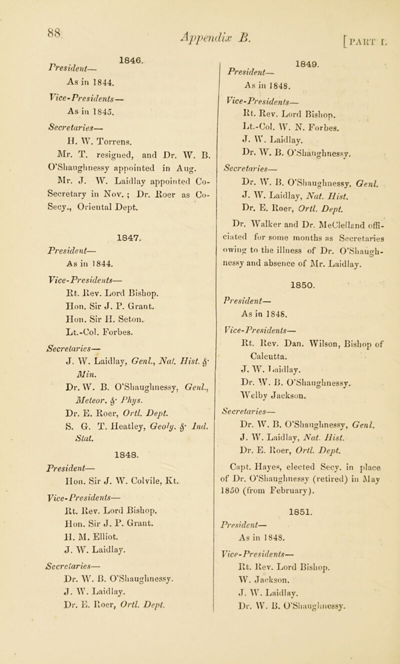 [rAirr i. Appendix B. Vresident— As in 1844. Vice-Presidents— As in 1845. Seeretaries— H. W. Torrens. JNIr. T. resigned, and Dr. W. B. O’Shaiiglinessy appointed in Aug. Mr. J. W. Laidlay appointed Co- Secretary in Nov. ; Dr. Koer as Co- Secy., Oriental Dept. 1847. President— As in 1844. Vice-Presidents— Bt. llev. Lord Bishop, lion. Sir J. P. Grant, lion. Sir H. Seton. Lt.-Col. Forbes. Secretaries— J. W. Laidlay, Genl.^ Nat. Hist. lUin. Dr. W. B. O’Sliaughnessy, GeuL, Meteor. 6^' Phys. Dr. E. Roer, Ortl. Dept. S. G. T. Heatley, Geoty. hid. Stat. 1848. President— Hon. Sir J. W. Col vile, Kt. Vice-Presidents— Rt. Rev. Lord Bishop. Hon. Sir J. P. Grant. 11. M. Elliot. J. W. Laidlay. Secretaries— Dr. W. B. O’Shaughnessy. J. lY. Laidlay. Dr. E. Roer, Ortl. Dept. 1849. President— As in 1848. Vice - Pres idenis— Rt. Rev. Lord Bishop. Lt.-Col. W. N. Forbes. J. W. Laidlay. Dr. W. B. O’Shanghnessv. Secretaries— Dr. \Y, B. O’Sliaughnessy, Genl. J. W. Laidlay, Nat. Hist. Dr, E. Roer, Ortl. Dept. Dr. Walker and Dr. McClelland ofB- ciated foi’ some months as Secretaries owing to the illness of Dr. O’Shaugh- nessy and absence of Mr. Laidlay. 1850. President— As in 1848. Vice- Presi dents— Rt. Rev. Dan. Wilson, Bishop of Calcutta. J. W. Tiiiidlay. Dr. W. B. O’Shaughnessy. Welby Jackson. Secretaries— Dr. W. B. O’Sliaughnessy, Genl. J. W. Laidlay, Nat. Hist. Dr. E. Roer, Ortl. Dept. Capt. Hayes, elected Secy, in place of Dr, O’Shaughnessy (retired) in May 1850 (from February). 1851. President— As in 1 848. Vice- Pre s i de n ts— Rt. Rev. Lord Bishop. W. Jackson. J. W. Laidlav. Dr. W. B. O'Sliaiighnessy.