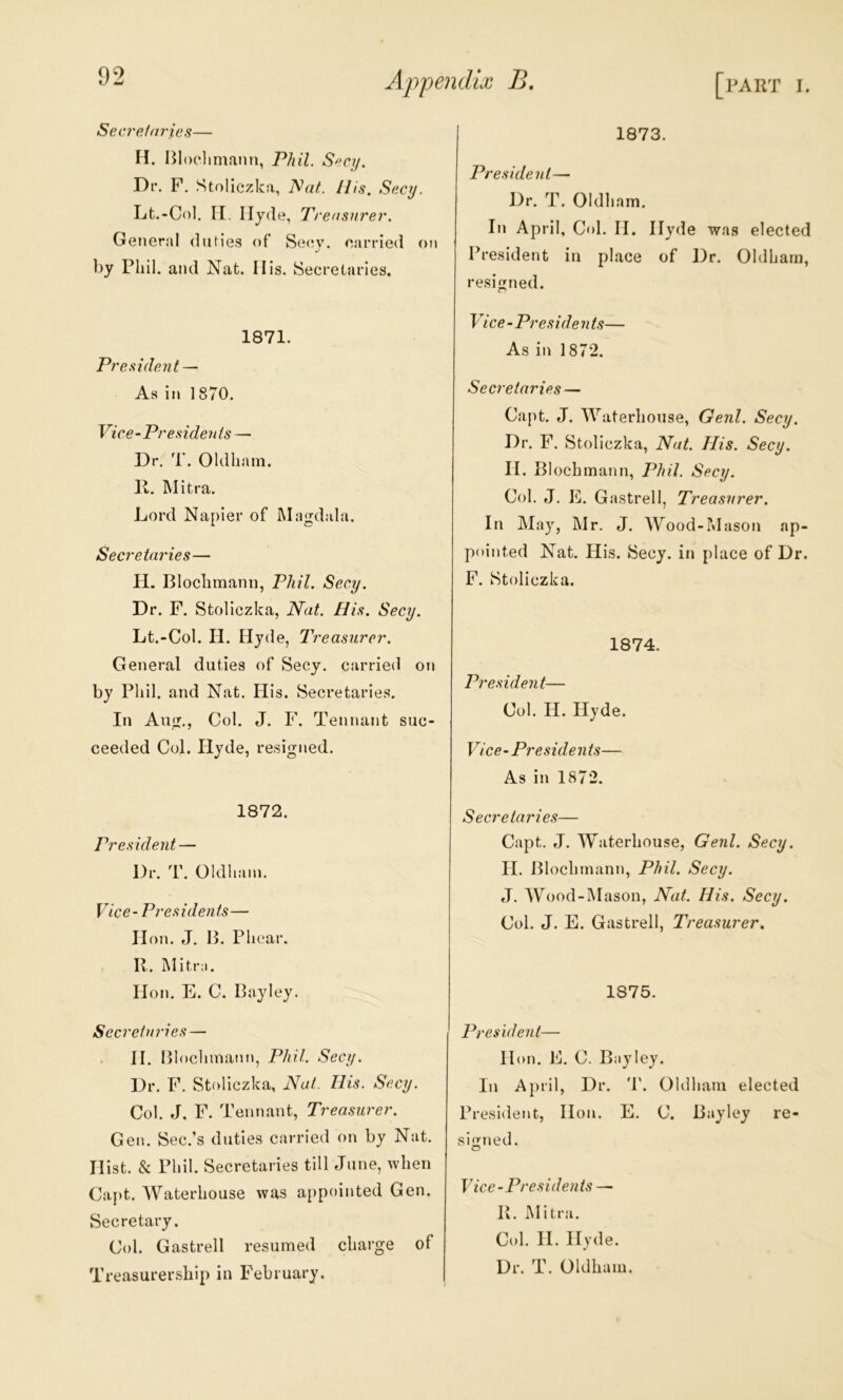 Secrefnries— H. Rl( K'linifinn, Phil. S^cy. Dr. F. Stoliczka, ISat. His. Secy. Lt.-Col, II. Iljde, Treasure?'. General duties of Se(;y. oarried on by Phil, and Nat. 11 is. Secretaries. 1871. President — As in 1870. Vice-Pre.nden is — Dr. T. Oldham. K. Mitra. Lord Napier of Magdala. Secretaries— H. Blochmann, Phil. Secy. Dr. F. Stoliczka, Nat. His. Secy. Lt.-Col. H. Hyde, Treasurer. General duties of Secy, carried oji by Phil, and Nat. His. Secretaries. In Aiiix., Col. J. F. Tennant suc- ceeded Col. Hyde, resigned. 1872. President — Dr. T. Oldham. Vice-Presidents— H on. J. B. Phear. R. Mitra. Hon. E. C. Bayley. Secrefnries — 11. Blochmann, Phil. Secy. Dr. F. Stoliczka, Nat. His. Secy. Col. J, F. Tennant, Treasurer. Gen. Sec.’s duties carried on by Nat. Hist. & Phil. Secretaries till June, when Capt. Waterhouse was appointed Gen. Secretary. Col. Gastrell resumed charge of Treasurership in February. 1873. President— Dr. T. Oldliam. In April, Col. 11. Hyde was elected President in place of Dr. Oldham, resigned. Vice - Pres id. e n ts— As in 1872. Secretaries — Capt. J. Waterhouse, Genl. Secy. Dr. F. Stoliczka, Nat. His. Secy. II. Blochmann, Phil. Secy. Col. J, E. Gastrell, Treasurer. In May, Mr. J. Wood-!Mason ap- pointed Nat. His. Secy, in place of Dr. F. Stoliczka. 1874. President— Col. II. Hyde. Vice-Presidents— As in 1872. Secretaries— Capt. J. Waterhouse, Genl. Secy. H. Blochmann, Phil. Secy. J. Wood-Mason, Nat. His. Secy. Col. J. E. Gastrell, Treasurer. 1875. President— Hon. 111. C. Bayley. In April, Dr. '1'. Oldham elected President, Hon. E. C. Bayley re- sifi'ned. Vice-Presidents — R. iMitra. Col. II. Hyde. Dr. T. Oldham.