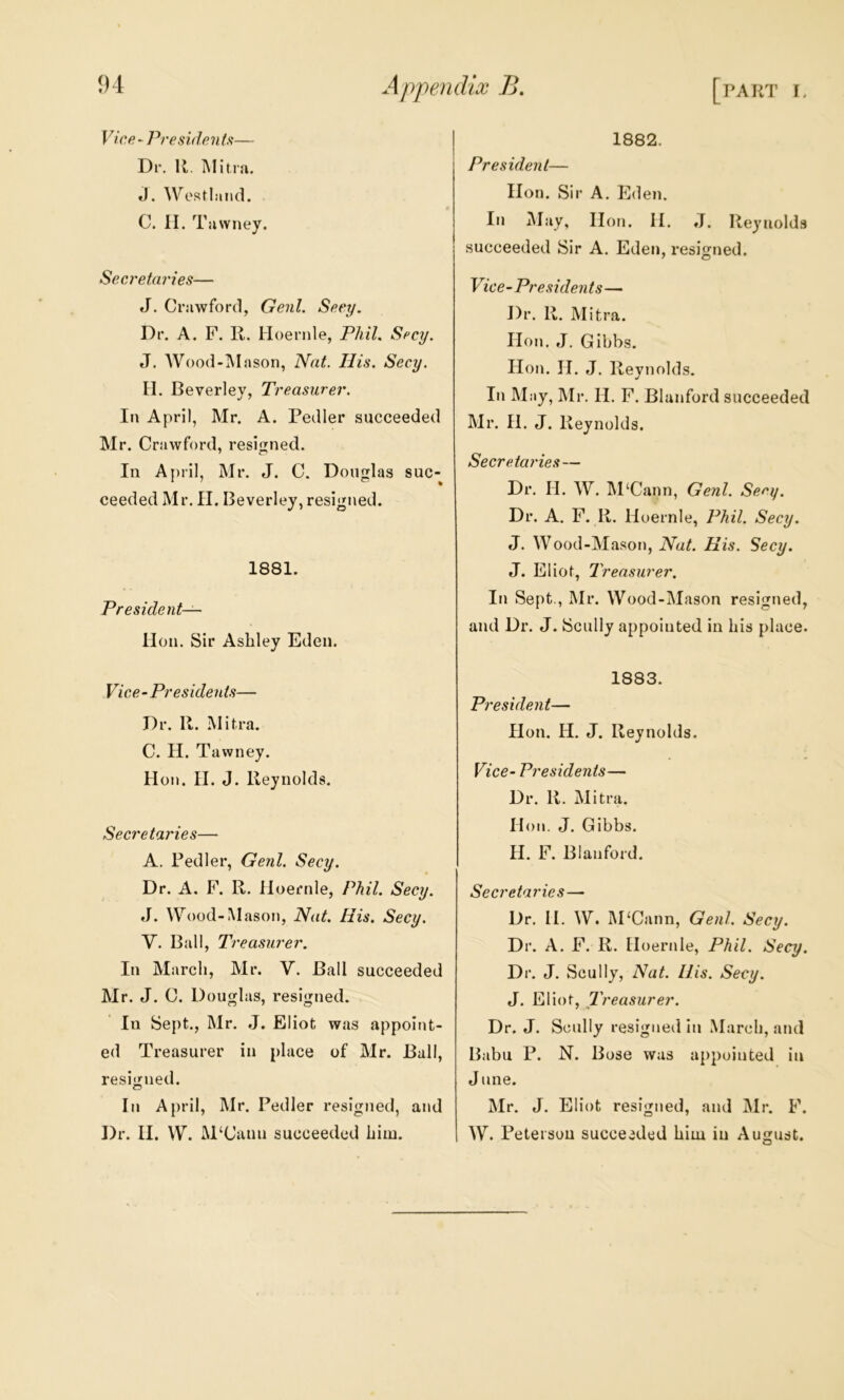 Vice • President— Di-. R. lUitra. J. Westland. C. II. Tuvvney. Seci'etaries— J. Crawford, Genl. Secy. Dr, A. F. R. Hoernle, Phil. Sfcy. J. Wood-iVIason, Nat. His. Secy. II. Beverley, Treasurer. In April, Mr. A. Pedler succeeded Mr. Crawford, resigned. In A[)ril, Mr. J. C. Douglas suc- ceeded Mr. II. Beverley, resigned. 1881. President— Hon. Sir Ashley Eden. Vice-Presidents— Dr. R. Mitra. C. II. Tawney. Hon. II. J. Reynolds, Secretaries— A. Pedler, Genl. Secy. Dr. A. F. R. Hoernle, Phil. Secy. J. Wood-Masot), Nat. His. Secy. V. Ball, Treasurer. In March, Mr. V. Ball succeeded Mr. J. C. Douglas, resigned. In Sept., Mr. J. Eliot was appoint- ed Treasurer in place of Mr. Ball, resigned. In April, Mr. Pedler resigned, and Dr. II. W. M‘Cauu succeeded him. 1882. President— Hon. Sir A. Eden. In Alay, Hon. II. ♦!. Reynolds succeeded Sir A. Eden, resigned. Vice-Presidents— Dr. R. Mitra. Hon. J. Gibbs. Hon. H. J. Reynolds. In May, Mr. H. F. Blanford succeeded Mr, H. J. Reynolds. Secretai'ies— Dr. H. W. ]\I‘Cann, Genl. Secy, Dr. A. F. R. Hoernle, Phil. Secy. J. Wood-Mason, Nat. His. Secy. J. Eliot, Treasurer, In Sept., Mr. Wood-Mason resigned, and Dr. J. Scully appointed in his place. 1883. President— Hon. H. J. Reynolds. Vice- Presidents— Dr. R. Mitra. Hon. J. Gibbs. II. F. Blanford. Secretaries— Dr. 11. W. M‘Cann, Genl. Secy. Dr. A. F. R. Hoernle, Phil. Secy. Dr. J. Scully, Nat. His. Secy. J. Eliot, Treasurer. Dr. J. Scully resigned in March, and Babu P. N. Bose was appointed in J line. Mr. J. Eliot resigned, and Mr. F. W. Peterson succeeded him in August.