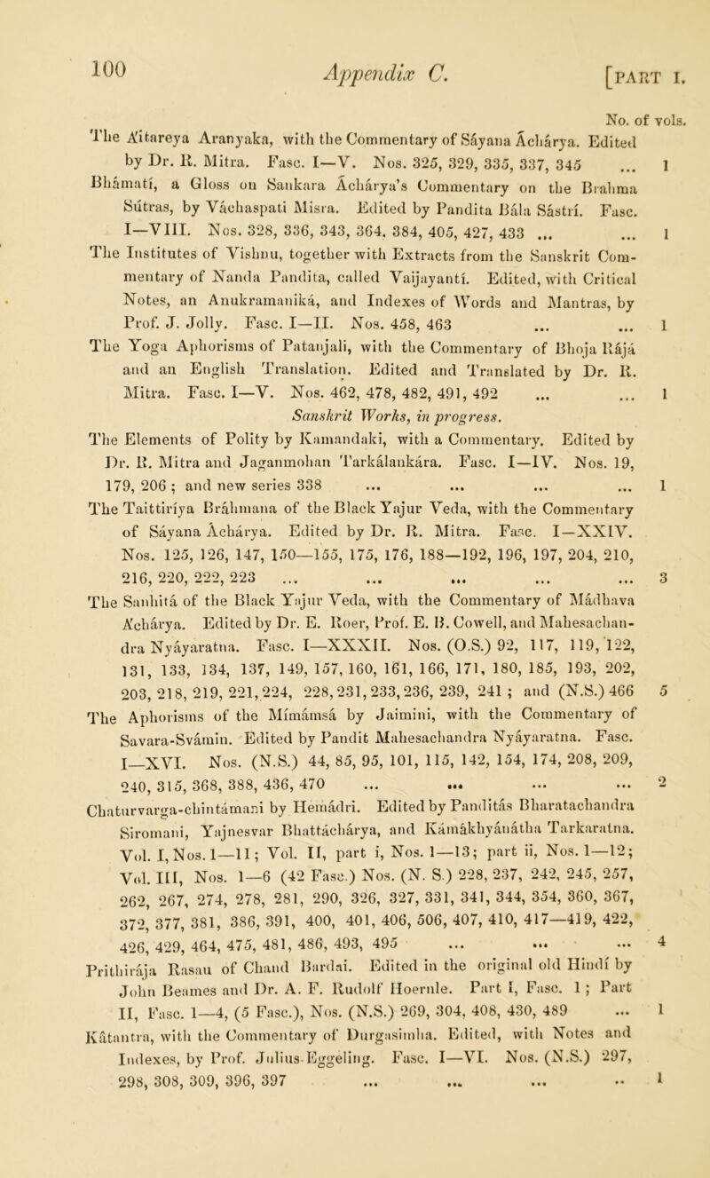 No. of vols. The Aifcareya Aranyaka, with the Commentary of Sdyana Acliarya. Edited by Dr. K. Mitra. Ease. I~V. Nos. 325, 329, 335, 337, 345 ... 1 Bhamati, a Gloss on Sankara Acharya’s Commentary on the Brahma Sutras, by Vachaspati Misra. Edited by Pandita Bala Sastri. Ease. I—VIII. Nos. 328, 336, 343, 364. 384, 405, 427, 433 ... ... 1 The Institutes of Vishnu, together with Extracts from the Sanskrit Com- mentary of Nanda Pandita, called Vaijayanti. Edited, with Critical Notes, an Aiiukramanika, and Indexes of Words and Mantras, by Prof. J. Jolly. Ease. I—II. Nos. 458, 463 ... ... 1 The Yoga Aphorisms of Patanjali, with the Commentary of Bhoja Raja and an English Translation. Edited and Translated by Dr. li. Mitra. Ease. I—V. Nos. 462, 478, 482, 491, 492 ... ... 1 Sanskrit Works, in progress. The Elements of Polity by Kamandaki, with a Commentary. Edited by Dr. R. Mitra and Jaganmohan 'I'arkalankara. Ease. I—IV. Nos. 19, 179, 206 ; and new series 338 ... ... ... ... 1 The Taittiriya Brahmana of the Black Yajur Veda, with the Commentary of Sayana Acharya. Edited by Dr. R. Mitra. Ease. I—XXIV. Nos. 125, 126, 147, 150—155, 175, 176, 188—192, 196, 197, 204, 210, 216, 220, 222, 223 The Sanhita of the Black Ynjnr Veda, with the Commentary of Madhava Acharya. Edited by Dr. E. Roer, Prof. E. B. Cowell, and Mahesachan- dra Nyayaratna. Ease. I—XXXII. Nos. (O.S.) 92, 117, 119,122, 131, 133, 134, 137, 149, 157,160, 161, 166, 171, 180, 185, 193, 202, 203,218,219,221, 224, 228,231,233,236,239, 241 ; and (N.S.) 466 The Aphorisms of the Mimamsa by Jaimini, with the Commentary of Savara-Svamin. Edited by Pandit Mahesachandra Nyayaratna. Ease. I—XVI. Nos. (N.S.) 44, 85, 95, 101, 115, 142, 154, 174, 208, 209, 240, 315, 368, 388, 436, 470 ... t«« .•• ••• Chaturvarga-chlntamani by Hemadri. Edited by Panditas Bharatachandra Siromani, Yajnesvar Bhattacharya, and KaJnakhyanatha Tarkaratna. Vol. I,Nos. 1—11; Vol. II, part i. Nos. 1—13; part ii, Nos. 1—12; V<d. Ill, Nos. 1—6 (42 Ease.) Nos. (N. S.) 228, 237, 242, 245, 257, 262, 267, 274, 278, 281, 290, 326, 327, 331, 341, 344, 354, 360, 367, 372,' 377, 381, 386, 391, 400, 401, 406, 506, 407, 410, 417—419, 422, 426, 429, 464, 475, 481, 486, 493, 495 ... ••• ••• Prithiraja Rasau of Chand Bardai. Edited in the original old Hindi by John Beames and Dr. A. E. Rudolf Iloernle. Part I, Ease. 1 ; Part II, Ease. 1—4, (5 Ease.), Nos. (N.S.) 269, 304, 408, 430, 489 Katantra, with the Commentary of Durgasimha. Edited, with Notes and Indexes, by Prof. Julius-Eggeling. Ease. I—VI. Nos. (N.S.) 297, 298, 308, 309, 396, 397 3 5 o 4 1 • • • 1