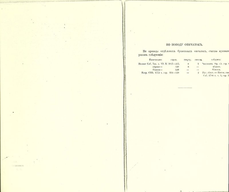 ПО ПОВОДУ ОПЕЧАТОКЪ. Не приводи отдѣльныхъ буквенныхъ опечатокъ, считаю нужным- указать слѣдующія: Напечатано: стран. По.іное Соѣ Пак. т. VI .V: НН37—235. вѣряше— 320 оіжатн— 320 Натр. СНГ.. 1772 г. стр. 114—320 сверх;. сноска. слѣдуетъ: в 1 Мистовичъ Ор. сі(. стр. і 3 — ві.дяше. — — С.Гжаша. — 2 Гус. лГтоп. но Никои, спи ( но. 1730 г. ч. 3, стр. 5