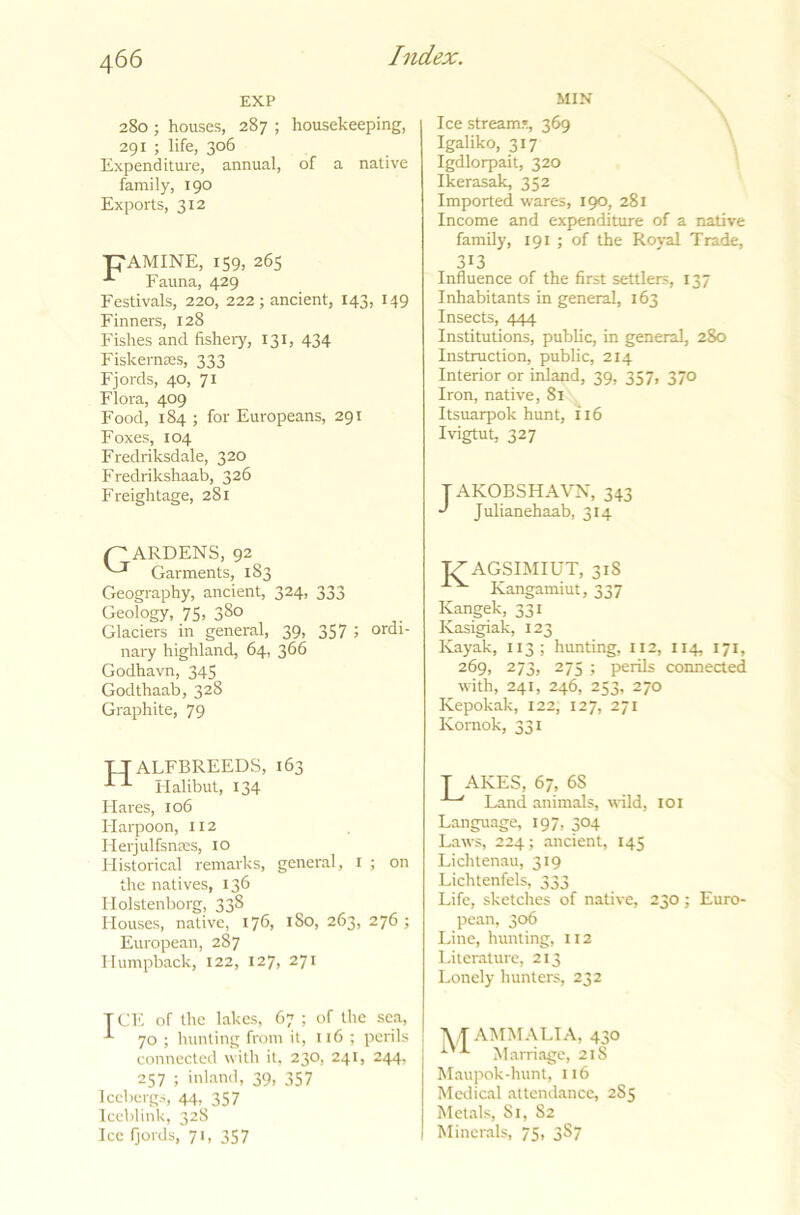 EXP 280 ; houses, 287 ; housekeeping, 291 ; life, 306 Expenditure, annual, of a native family, 190 Exports, 312 Tj'AMINE, 159, 265 Fauna, 429 Festivals, 220, 222; ancient, 143, 149 Finners, 128 Fishes and fishery, 131, 434 Fiskemses, 333 Fjords, 40, 71 Flora, 409 Food, 184 ; for Europeans, 291 Foxes, 104 Fredriksdale, 320 Fredrikshaab, 326 Freightage, 281 MIN Ice stream?., 369 Igaliko, 317 Igdlorpait, 320 Ikerasak, 352 Imported wares, 190, 281 Income and expenditure of a native family, 191 ; of the Royal Trade, 313 Influence of the first settlers, 137 Inhabitants in general, 163 Insects, 444 Institutions, public, in general, 280 Instruction, public, 214 Interior or inland, 39, 357, 370 Iron, native, 81 Itsuarpok hunt, 116 Ivigtut, 327 TAKOBSHAVN, 343 J Julianehaab, 314 183 Geography, ancient, 324, 333 Geology, 75, 3§o Glaciers in general, 39, 357 ; ordi- nary highland, 64, 366 Godhavn, 345 Godthaab, 328 Graphite, 79 {''ARDENS, | '^r Garments, TZ'AGSIMIUT, 318 Kangamiut, 337 Kangek, 331 Ivasigiak, 123 Kayak, 113 ; hunting, 112, 114, 171, 269, 273, 275 ; perils connected with, 241, 246, 253, 270 Kepokak, 122, 127, 271 Ivornok, 331 FT ALFBREEDS, 163 Halibut, 134 Hares, 106 Idarpoon, 112 Herjulfsnses, 10 Historical remarks, general, 1 ; on the natives, 136 Holstenborg, 338 Houses, native, 176, 1S0, 263, 276 ; European, 287 Humpback, 122, 127, 271 TCE of the lakes, 67 ; of the sea, -*• 70 ; hunting from it, 116 ; perils connected with it, 230, 241, 244, 257 ; inland, 39, 357 Icebergs, 44, 357 Iceblink, 328 Ice fjords, 71, 357 T AKES, 67, 6S Land animals, wild, 101 Language, 197, 304 Laws, 224; ancient, 145 Lichtenau, 319 Liclitenfels, 333 Life, sketches of native, 230 ; Euro- pean, 306 Line, hunting, 112 Literature, 213 Lonely hunters, 232 A/TAMM ALIA, 430 Marriage, 21S Maupok-hunt, 116 Medical attendance, 2S5 Metals, 81, 82 Minerals, 75, 3S7