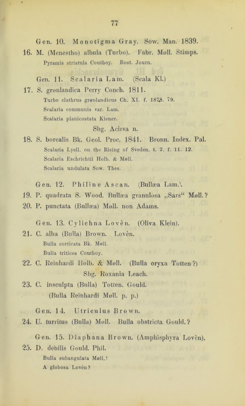 Gen. 10. Mono ti g ni a Gray. Sow. Man. 1839. 16. M. (Menestho) albu la (Turbo). Fabr. Moll. Stimps. Pyramis striatula Couthoy. Bost. Joum. Gen. 11. Seal ar i a Lam. (Scala Kl.) 17. S. grønlandica Perry Conch. 1811. Turbo clathrus grøiilaiidicus Ch. XT. f. 187JS. 79. Scalaria commuiiis var. Lam. Scalaria planicostata Kiener. Sbg. Acirsa n. 18. S. borealis Bk. Geol. Proc. 1841. Bronn. Index. Pal. Scalaria Lyell. oii tht? Risiiig of Sveden, t. 2. f. 11. 12. Scalaria Eschrichtii Holb. & Møil. Scalaria undulata Sow. Thes. Gen. 12. Philine Ascan. (Bullæa Lam.\ 19. P. quadrata S. Wood. Bullæa graniilosa „Sars“ Møil.? 20. P. punetata (Biillæa) Møli. non Adams. Gen. 13. Cylichna Loven. (Oliva Klein). 21. C. alba (Bulla) Brown. Loven. Bulla corticata Bk. Møli. Bulla triticea Couthoy. 22. c. Reinbardi 11 o Ib. & Møli. (Bulla oryxa Totten ?) Sbg. Roxania Leach. 23. C. insculpta (Bulla) Totten. Gould. (Bulla Reinbardi Møil. p. p.) Gen. 14. Utriculus Brown. 24. U. turritus (Bulla) Møli. Bulla obstricta Gould. ? Gen. 15. Diaphana Brown. (Amphisphyra Lovtin). 25. D. debilis Gould. Pbil. Bulla subangulata Møli.! A globosa Lovén?