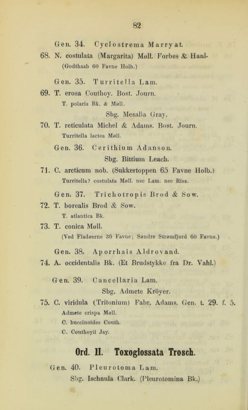 Gen. 34. Cyclostreina Marryat. 68. N. costulata (Margarita) Møli. Forbes & HanF (Godthaab 60 Favne Holb.) Gen. 35. Tur ri te 11a Lam, 69. T. erosa Coutlioy. Bost. .Journ. T. polaris Bk. & Moll. Sbg. Mesalia Gray. 70. T. reticulata Michel & Adams. Bost. Journ. Turritella lactea Møil. Gen. 36. (Jerithium Adanson. Sbg. Bittium Leach. 71. C. arcticum nob. (Sukkertoppen 65 Favne Holb.) Turritella? costulata Møli. nec Lam. nec Riss. Gen. 37. Trichotropis Brod & Sow. 72. T. borealis Brod & Sow. T. atlantica Bk. 73. T. conica Møli. ' (Ved Fladøerne 30 Favne; Søndre Strømfjord 60 Favne.) Gen. 38. Aporrhais Aldrovand. 74. A. occidentalis Bk. (Et Brudstykke fra Dr. Vabl.) Gen. 39. Cancellaria Lam. Sbg. Adinete Krbyer. 75. C. viridula (Tritonium) Fabr. Adams. Gen. t. 29. f. 5. Admeto crispa Møil. O. bueeinoides Coutb. C. Couthoyii Jay. Ord. II. Toxoglossata Trosch. Gen. 40. Pleurotoma Lam. Sbg. Ischnula Clark. (I’leurotomina Bk.)