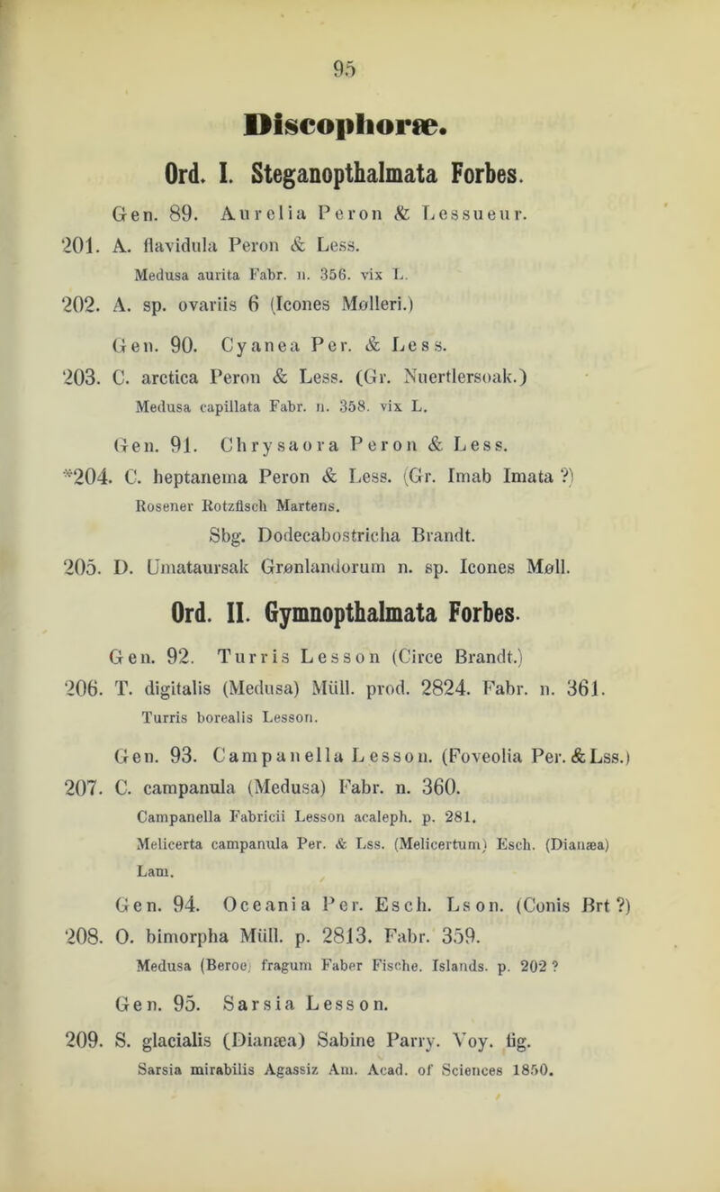 Dilscoiilioræ« Ord. 1. Steganopthalmata Forbes. Gen. 89. Anrelia Peron & Lessueur. 201. A. flavidula Peron & Le.ss. Medusa auvita Fabr. ii. 356. vix L. 202. A. sp. ovariis 6 (Icones Mølleri.) Gen. 90. Cyanea Per. & Le s.s. 203. C. arctica Peron & Less. (Gir. Nnertlersoak.) Medusa capillata Fabr. ii. 358. vix L. Gen. 91. Ch ry sao r a Peron & Less. *204. C. heptanema Peron & Less. (^Gr. Imab Imata ?) Rosener Rotzflsch Mårtens. Sbg. Dodecabostricha Brandt. 205. D. Umataursak Grønlandorum n. sp. Icones Møli. Ord. IL Gymnopthalmata Forbes- Gen. 92. Tur ris Les son (Circe Brandt.) 206. T. digitalis (Medusa) Miill. prod. 2824. Fabr. n. 361. Turris borealis Lessori. Gen. 93. Campanella Lesson. (Foveolia Per.&Lss.) 207. C. campanula (Medusa) Fabr. n. 360. Campanella Fabricii Lesson acaleph. p. 281. Melicerta campanula Per. & Lss. (Melicertum) Esch. (Dianæa) Lam. Gen. 94. Oceania Per. Esch. Lson. (Conis Brt ?) 208. O. bimorpha Miill. p. 2813. Fabr. 359. Medusa (Beroe) fragum Faber Fische. Islands, p. 202 ? Gen. 95. S a r s i a L e s s o n. 209. S. glacialis (Dianæa) Sabine Parry. Voy. lig. Sarsia mirabilis Agassiz Am. .\cad. of Sciences 18.50.