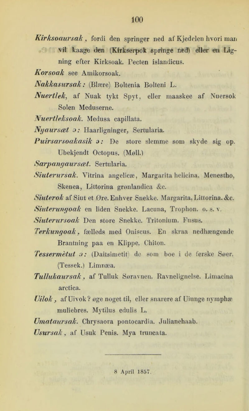 Kirksoaiirsak , fordi den springer ned af Kjedelen hvori man vil kaage den (Kirkserpok springe nedl eller «n Lig- ning efter Kirksoak. Pecten islandicus. Korsoak see Amikorsoak. Nakkasursak: (Blære) Boltenia Bolteni L. Nuei'tleky af Nuak tykt Spyt. eller maaskee af Nuersok Solen Meduserne. Nuertleksoak. Medusa capillata. Nijaursæt o: Haarligninger, Sertularia. Puirsarsoakasik a; De store slemme som skyde sig op. Ubekjendt Octopus. (Moll.) Sarpanffaursæt. Sertularia. Siuternrsak. Vitrina angelicæ, Margarita helicina. Menestho, Skenea, Littorina grønlandica &c. Siiiterok af Siut et Øre. Enhver Snekke. Margarita, Littorina. &c. Siuterunpoak en liden Snekke. Lacuna, Troplion. o. s. v. Siuterursoak Den store Snekke. Tritonium. Fusus. Terkumjoak, fælleds med Oniscus. En skraa nedhængende Brantning paa en Klippe. Ghiton. Tessermétut o: (DaitsimetiG de som hoe i de ferske Soer. (Tessek.) Limnæa. Tullukaursak, af Tulluk Soravnen. Ravnelignelse. Limacina arctica. (Jilok , af Uivok? oge noget til, eller snarere af Uiunge nymphæ muliebres. Mytilus edulis L. (Jmataursak. Chrysaora pontocardia. Julianehaab. (Jsursak, af IJsuk Penis. Mya truncata. 8 April 1857.
