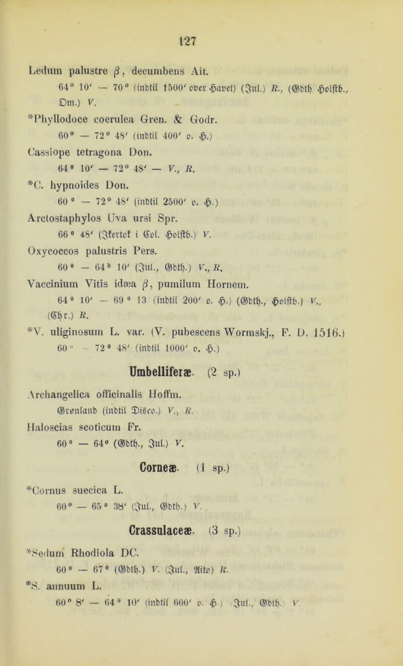 Leduni palustre (3, decumbens Ait. 64 10' — 70 (inbtil 1500'c»ei-^apct) (5u(.) R., Om.) V. ^I^liyllodoce coerulea Gren. Si Godr. 60 — 72 4S' (inbtil 400' o. ^.) Cassiope tetragona Don. 64 10' — 72 4S' — V., R. *G. hypnoides Don. 60 ® — 72 48' (inbtil 2500' o. ^.) Arclostaphylos Iha ursi Spr. 66» 48' (3feitot i Sol. ^cl(^b.) V. Oxycoccos paliistris Pers. 60 - 64 10' (3nl., @btb.) V,,R. Vacciniuin Vitis idæa pumilum Hornein. 64 10' - 69® 13 (inbtil 200' o. (@bt^., ^olflb.) V„ ((Sbr.) R. *V. iiliginosum L. var. (V. pubescens Wonnskj., P. D. 151b.) 60 - 72® 48' (inbtil 1000' d. |>.) Umbelliferæ. (2 sp.) .Vrchangelica oftlcinalis lloft’m. ©rijnlanb (inbtil 3)iéco.) v., H. Haloscias scoticurn Pr. 60® — 64 (@btb., 3ul.) V. Corneæ. (i sp.) *(Jornus .suecica L. 60« _ 65® 3«' (l.'^ul., (SDtb.) V. Crassulaceæ. (3 sp.) ^Sedum* Rhodiola DC. 60® — 67® (®btb.) V. (^nl., Dlitc) R. *S. annuum L. 60 8' — 64® 10' (inbtil 600' o. j 0u(., @btb.) v'.