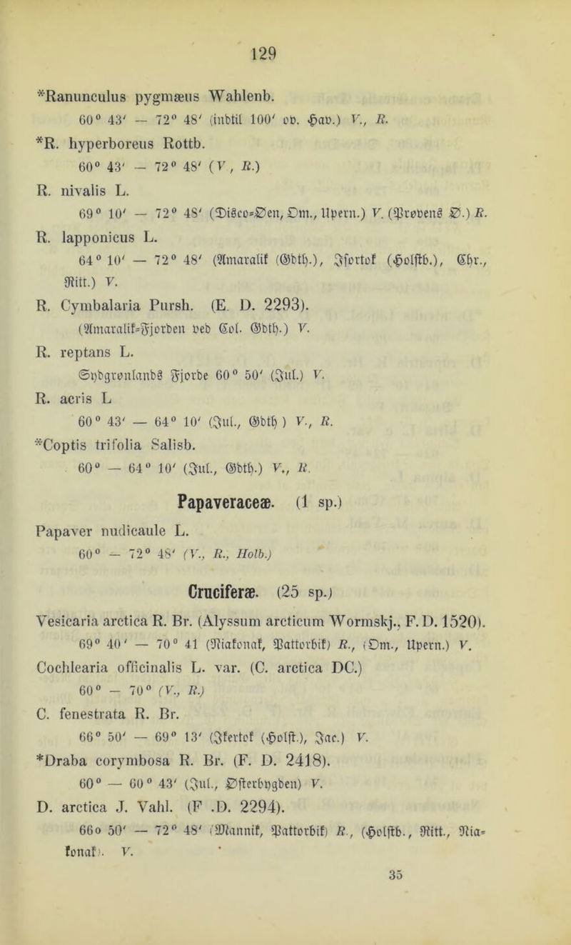 *Ranunculus pygniæiis Wahlenb. 60« 43' ~ 72« 48' (iubtil 100' oD. ^a».) V., R. *R. hyperboi*eus Rottb. 60« 43' - 72« 48' (V, II.) R. nivalis L. 69« 10' — 72« 48' (2)i§eo=Øen, Om., llpei'n.) F. (S)jrøt»enå O.) i?- R. lapponicus L. 64« 10' — 72« 48' (9lmava(it (®btt).), ^^fertof @bv., IRitt.) y. R. Cymbalaria Piirsh. (E. D. 2293). (9lmavalib5jorbeu beb So(. (Sbtt).) V. R. reptans L. ©pbgvuutanbå ^jovbe 60« 50' (Sal-) V. R. acris L 60« 43' — 64« 10' (Sul., @bt^ ) F., R. *Coptis trifolia Salisb. 60“ — 64« 10' (Sut., Obtb.) F„ R. Papaveraceæ. (1 sp.) Papaver nudicaule L. 60« - 72« 48' (V., R., Ilolb.) Cruciferæ. (25 sp.) Vesicaria arctica R. Rr. (Alyssum arcticum Worniskj., F, D. 1520). 69« 40' — 70® 41 (SJbafonaf, tCattovbif; R., (Om-, Upern.) F. Cocblearia oflicinalis L. var. (C. arctica DC.) 60« - 70« (V., R.) C. fenestrata R. Br. 66« 50' — 69 13' (Sfevtet (^olft.). Sne.) F. *Draba corymbosa R. Br. (F. D. 2418). 60« — 60« 43' (Sut., Øfterbpgbeu) F. D. arctica J. Vabl. (F .1). 2294). 660 50' — 72« 48' <aJtannit, tpattorbif) R., (^etftb., (Ritt., fonat). F. 35