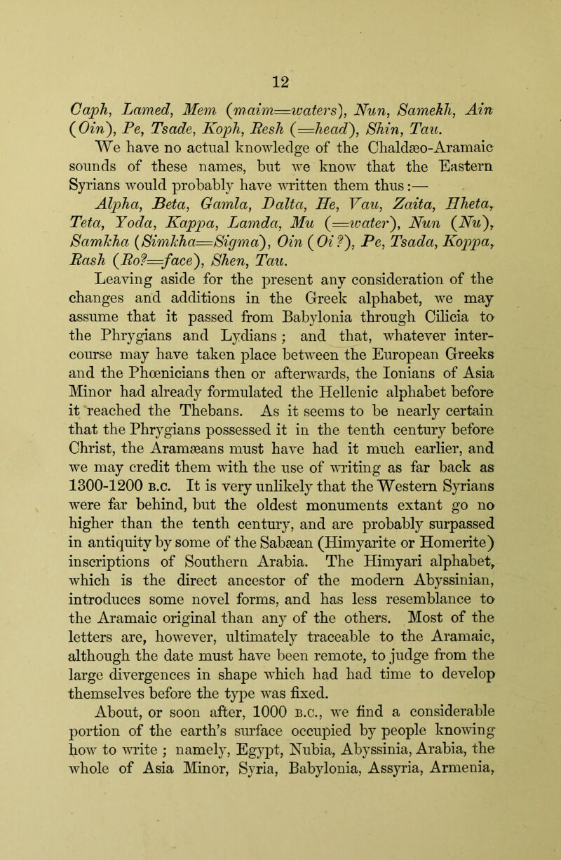 Caph, Lamed, Mem (maim=iuaters), Nun, SamekJi, Ain (^Oin), Fe, Tsade, Kopli, Fesh (=head'). Shin, Tau. We have no actual knowledge of the Chaldffio-Aramaic sounds of these names, but we know that the Eastern Syrians would probably have written them thus:— Alpha, Beta, Gamla, Dalta, He, Vau, Zaita, Hheta, Teta, Yoda, Kappa, Lamda, Mu {=ivater), Nun (^Nu\ SamJcha {Simhha=Sigma'), Oin (^Oif'), Pe, Tsada, Koppa^ Bash (^Bof=face^, Shen, Tau. Leaving aside for the present any consideration of the changes and additions in the Greek alphabet, we may assume that it passed from Babylonia through Cilicia to the Phrygians and Lydians ; and that, whatever inter- course may have taken place between the European Greeks and the Phoenicians then or afterwards, the lonians of Asia Minor had already formulated the Hellenic alphabet before it reached the Thebans. As it seems to be nearly certain that the Phrygians possessed it in the tenth century before Christ, the Aramasans must have had it much earlier, and we may credit them with the use of writing as far back as 1300-1200 B.c. It is very unlikely that the Western Syrians were far behind, but the oldest monuments extant go no higher than the tenth century, and are probably surpassed in antiquity by some of theSab^ean (Himyarite or Homerite) inscriptions of Southern Arabia. The Himyari alphabet^ which is the direct ancestor of the modern Abyssinian, introduces some novel forms, and has less resemblance to the Aramaic original than any of the others. Most of the letters are, however, ultimately traceable to the Aramaic, although the date must have been remote, to judge from the large divergences in shape which had had time to develop themselves before the type was fixed. About, or soon after, 1000 b.c., we find a considerable portion of the earth’s surface occupied by people knowing how to write ; namely, Egypt, Nubia, Abyssinia, Arabia, the whole of Asia Minor, Syria, Babylonia, Assyria, Armenia,