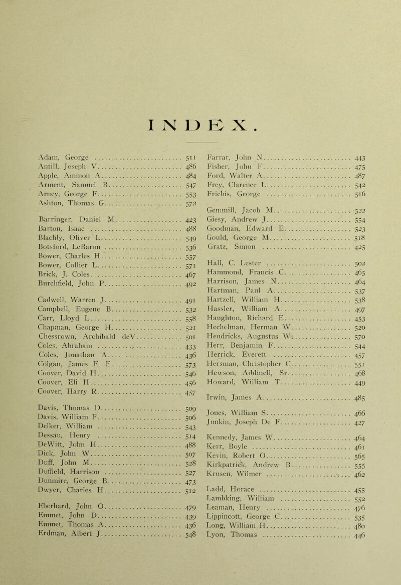 I N I) K X Adam, George Antill, Joseph V Apple, Amnion A Annent, Samuel P> Arney. George F Ashton, Thomas G Barringer, Daniel M Barton, Isaac Blachly, Oliver L Botsford, LeBaron Bower, Charles H Bower, Collier L Brick, J. Coles Burchfield, John P Cad well, Warren J Campbell, Eugene B Carr, Lloyd L Chapman, George H Chessrown, Archibald deV Coles, Abraham Coles, Jonathan A . Colgan, James F. E Coover, David H Coover, Eli H Coover, Harry R Davis, Thomas D Da\’is, William F Delker, William Dessau, Henry DeWilt, John H Dick, John W Duff, John M Duffield, Harrison Dunmire, George B Dwyer, Charles H Eherhard, John O Emmet, John D Emmet, Thomas A Erdman, Albert J 511 486 484 547 553 572 423 488 549 536 557 571 467 492 491 532 558 521 501 433 436 573 546 456 457 509 506 543 514 488 507 528 527 473 512 479 439 436 548 Farrar, John N 443 Fisher, John I*' 475 Ford, Walter A 487 Frey, Clarence L 542 Friebis, George 516 Gemini 11, Jacob M . .. Giesy, Andrew J (joodman, Edward E Gould, George M.... Gratz, Simon 554 523 518 425 Hall, C. Lester 502 Hammond, Francis C 465 Harrison, James N 464 Hartman, Paul A 537 Hartzell, William FI 538 Hassler, William A 497 Haughton, Richard E 453 Hechehnan, Herman W 520 Hendricks, Augustus W 570 Herr, Benjamin F 544 Herrick. Everett 457 Hersman, Christopher C 551 Hewson, Addinell, Sr 468 Howard, William T 449 Irwin, James A 485 Jones, William S 466 Jiinkin, Joseph De F 427 Kennedy, Janies W 464 Kerr, Boyle 461 Kevin, Robert 0 565 Kirkpatrick, Andrew B 555 Krusen, Wilmer 462 Ladd, Horace 455 Lambking, William 552 Leaman, Henry 476 Lippincott, George C 535 Long, William H 480 Lyon, Thomas 446