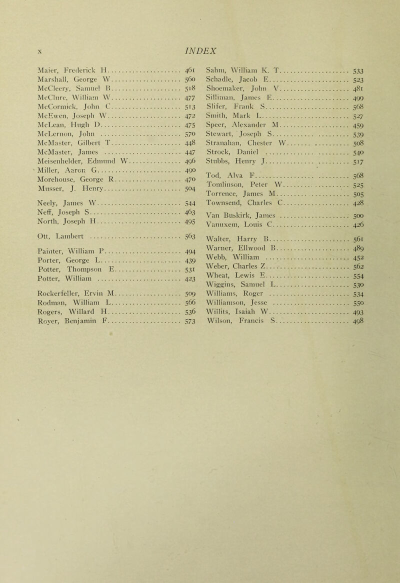 iMaicr, Frederick 11 461 Marsliall, George W 560 McCleery, Sanuiel I! 518 McClure, William W 477 McCormick, John C 513 McEwen, Joseph \V 472 McLean, llu.gli 1) 475 McLcrnoii, John 570 McMaster, Gilbert 1' 448 McMaster, James 447 Meisenheldcr, Edmund W 496 Miller, Aaron G 49° Morehouse, George R 470 Musser, J. Henry 504 Neely, James W 544 Neff, Joseph S 463 North, Joseph H 495 Otl, l.ambert 563 Paiiiter, William P 494 Porter, George L 439 Potter, Thompson E 531 Potter, William 423 Rockerfeller, Ervin M 509 Rodman, William L 566 Rogers, Willard H 536 Royer, Benjamin F 573 Sahm, William K. T 533 Schadle, Jacob E 523 Shoemaker, John V 481 Silliman, James E 499 Slifer, Frank ,S 568 Smith, Mark L 527 Speer, Alexander M 459 Stewart, Joseph S 539 Stranahan, Chester W 508 Strock, Daniel 540 Stubbs, Henry J 517 Tod, Alva F 568 Tomlinson, Peter W 525 Torrence, James M 505 Townsend, Charles C 428 Van Buskirk, James 500 Vanuxem, Louis C 426 Walter, Harry 1! 56c Warner, Ellwood B 489 Webb, William 452 Weber, Charles 7. 562 Wheat, Lewis E 554 Wiggins, Samuel 1 530 Williams, Roger 534 Williamson, Jesse 550 W^illits, Isaiah W 493 Wilson, Francis S 498