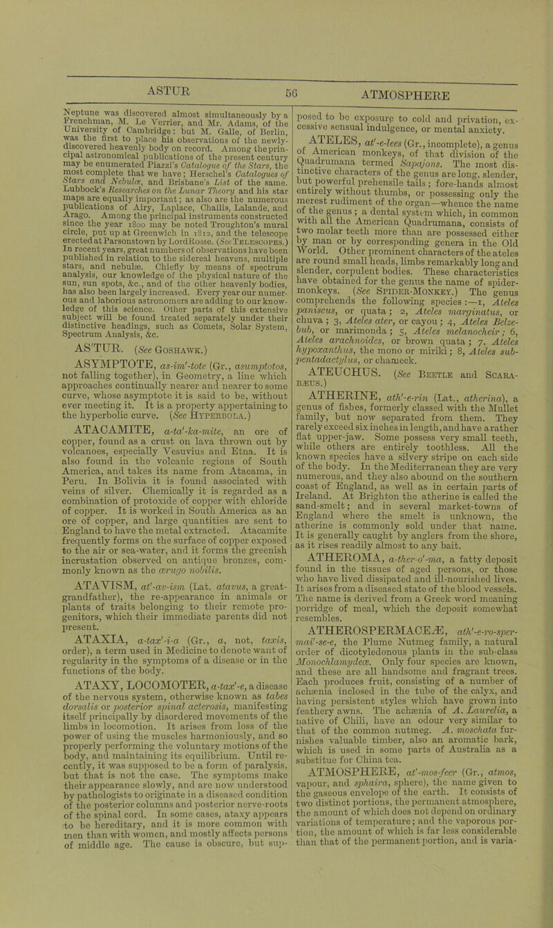 ASTUR Neptune was discovered almost simultaneously by a frenchman, M. Le Vender, and Mr. Adams, of tlie University of Cambridge: but M. Galle, of Berlin, was the first to place his observations of the newly- discovered heavenly body on record. Among the prin- cipal astronomical publications of the present century may be enumerated Piazzi’s Catalogue of the Stars, the most complete that we have; Herschel’s Catalogues of Stars and Nebulaand Brisbane’s List of the same. Lubbock’s Researches on the Lunar Theory and liis star maps are equally important; as also are the numerous publications of Airy, Laplace, Challis, Lalande, and Ai-ago. Among the principal instruments constructed since the year 1800 may be noted Troughton’s mural circle, put up at Greenwich in 1812, and the telescope erected at Parsonstown by bordPosse. (See Telescopes.) In recent years, great numbers of observations have been published in relation to the sidereal heavens, multiple stars, and nebulas. Chiefly by means of spectrum analysis, our knowledge of the physical nature of the sun, sun spots, &c., and of the other heavenly bodies, has also been largely increased. Every year our numer- ous and laborious astronomers are adding to our know- ledge of this science. Other parts of this extensive subject will be found treated separately under their distinctive headings, such as Comets, Solar System, Spectrum Analysis, &c. AS'TUR. (See Goshawk.) ASYMPTOTE, as-im'-tote (Gr., asumptotos, not falling together), in Geometry, a line which approaches continually nearer and nearer to some curve, whose asymptote it is said to be, without ever meeting it. It is a property appertaining to the hyperbolic curve. [See Hyperbola.) ATAC AMITE, a-ta'-lea-mite, an ore of copper, found as a crust on lava thrown out by volcanoes, especially Vesuvius and Etna. It is also found in the volcanic regions of South America, and takes its name from Atacama, in Peru. In Bolivia it is found associated with veins of silver. Chemically it is regarded as a combination of protoxide of copper with chloride of copper. It is worked in South America as an ore of copper, and large quantities are sent to England to have the metal extracted. Atacamite frequently forms on the surface of copper exposed to the air or sea-water, and it forms the greenish incrustation observed on antique bronzes, com- monly known as the aerugo nohilis. ATAVISM, at' -av-ism (Lat. atavus, a great- grandfather), the re-appearance in animals or plants of traits belonging to their remote pro- genitors, which their immediate parents did not present. ATAXIA, a-tax'-i-a (Gr., a, not, taxis, order), a term used in Medicine to denote want of regularity in the symptoms of a disease or in the functions of the body. ATAXY, LOCOMOTER, a-tax'-e, a disease of the nervous system, otherwise known as tabes dorsalis or posterior spinal acterosis, manifesting itself principally by disordered movements of the limbs in locomotion. It arises from loss of the power of using the muscles harmoniously, and so properly performing the voluntary motions of the body, and maintaining its equilibrium. Until re- cently, it was supposed to be a form of paralysis, but that is not the case. The symptoms make their appearance slowly, and are now understood by pathologists to originate in a diseased condition of the posterior columns and posterior nerve-roots of the spinal cord. In some cases, ataxy appears to be hereditary, and it is more common with men than with women, and mostly affects persons of middle age. The cause is obscure, but sup- posed to be exposure to cold and privation, ex- cessive sensual indulgence, or mental anxiety. ATELES, at'-e-lees (Gr., incomplete), a genus or American monkeys, of that division of the Quadrumana termed Sapajons. The most dis- tinctive characters of the genus are long, slender, but powerful prehensile tails ; fore-hands almost entuely without thumbs, or possessing only the merest rudiment of the organ—whence the name of the genus ; a dental system which, in common with all the American Quadrumana, consists of two molar teeth more than are possessed either by man or by corresponding genera in the Old World. Other prominent characters of the ateles are round small heads, limbs remarkably long and slender, corpulent bodies. These characteristics have obtained for the genus the name of spider- monkeys. [See Spider-Monkey.) The genus comprehends the following species :—1, Ateles paniscus, or quata; 2, Ateles marginatus, or chuva ; 3, Ateles ater, or cayou; 4, Ateles Bclze- hub, or marimonda; 5, Ateles melanocheir; 6, Ateles arachnoides, or brown quata; 7, Ateles hypoxantlms, the mono or miriki; 8, Ateles sub- pentadaclylus, or cliameclc. ATEUCHUS. [See Beetle and Scara- B.EUS.) ATHERINE, ath'-e-rin (Lat., athcrina), a genus of fishes, formerly classed with the Mullet family, but now separated from them. They rarely exceed six inches in length, andhave arather flat upper-jaw. Some possess very small teeth, while others are entirely toothless. All the known species have a silvery stripe on each side of the body. In the Mediteri’anean they are very numerous, and they also abound on the southern coast of England, as well as in certain parts of Ireland. At Brighton the atherine is called the sand-smelt; and in several market-towns of England where the smelt is unknown, the atherine is commonly sold under that name. It is generally caught by anglers from the shore, as it rises readily almost to any bait. ATHEROMA, a-ther-o'-ma, a fatty deposit found in the tissues of aged persons, or those who have lived dissipated and ill-nourished lives. It arises from a diseased state of the blood vessels. The name is derived from a Greek word meaning porridge of meal, which the deposit somewhat resembles. ATHEROSPERMAOEriE, ath'-e-ro-sper- mai'-se-e, the Plume Nutmeg family, a natural order of dicotyledonous plants in the sub-class Monochlamydece. Only four species are known, and these are all handsome and fragrant trees. Each produces fruit, consisting of a number of achsenia inclosed in the tube of the calyx, and having persistent styles which have grown into feathery awns. The acluenia of A. Laurelia, a native of Chili, have an odour very similar to that of the common nutmeg. A. moschata fur- nishes valuable timber, also an aromatic bark, which is used in some parts of Australia as a substitue for China tea. ATMOSPHERE, at'-mos-feer (Gr., atmos, vapour, and sphaira, sphere), the name given to the gaseous envelope of the earth. It consists of two distinct portions, the permanent atmosphere, the amount of which does not depend on ordinary variations of temperature; and the vaporous por- ! tion, the amount of which is far less considerable than that of the permanent portion, and is varia-