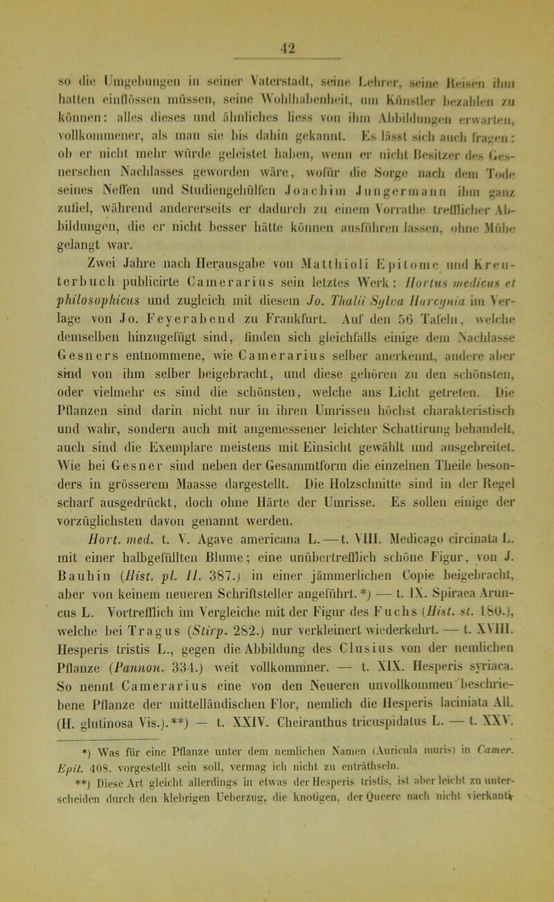 su die Umgebungen in seiner Vaterstadt, seine Lehrer, seine Meisen ihm hatten einflösson müssen, seine Wohlhabenheit, um Künstler bezahlen zu können: alles dieses und ähnliches liess von ihm Abbildungen erwarten, vollkommener, als man sie, bis dahin gekannt. Es lässt sich auch Fragen: oh er nicht mehr würde geleistet haben, wenn er nicht Mesitzer des Ges- nerschen Nachlasses geworden wäre, wofür die Sorge nach dem Tode seines Nellen und Sludiengehülfen Joachim Jiingermann ihm ganz zufiel, während andererseits er dadurch zu einem Vorralhe treulicher Ab- bildungen, die er nicht besser hätte können ausführen lassen, ohne .Mühe gelangt war. Zwei Jahre nach Herausgabe von Matthioli Epilome und Kreu- torb uch publicirtc Camerarius sein letztes Werk: Ilortus medicus et philosopliicus und zugleich mit diesem Jo. Thalii Sy loa Ilurcynia im Ver- lage von Jo. Fey er abend zu Frankfurt. Auf den 56 Tafeln, welche demselben hinzugefügt sind, finden sich gleichfalls einige dem Nachlasse Gesners entnommene, wie Camerarius selber anerkennt, andere aber sind von ihm selber beigebracht, und diese gehören zu den schönsten, oder vielmehr es sind die schönsten, welche ans Licht getreten. Die Pflanzen sind darin nicht nur in ihren Umrissen höchst charakteristisch und wahr, sondern auch mit angemessener leichter Schattirung behandelt, auch sind die Exemplare meistens mit Einsicht gewählt und ausgebreitet. Wie bei Gesner sind neben der Gesammtform die einzelnen Theile beson- ders in grösserem Maasse dargestellt. Die Holzschnitte sind in der Hegel scharf ausgedrückt, doch ohne Härte der Umrisse. Es sollen einige der vorzüglichsten davon genannt werden. Hort. med. t. V. Agave americana L. — t. VIII. Medicago circinata L. mit einer halbgefüllten Blume; eine unübertrefflich schöne Figur, von J. Bauhin {Hist. pl. II. 387.J in einer jämmerlichen Copie beigebracht, aber von keinem neueren Schriftsteller angeführt. *) — t. IX. Spiraea Arun- cus L. Vortrefflich im Vergleiche mit der Figur des Fuchs (Hist. st. ISO.), welche hei Tragus (Stirp. 282.) nur verkleinert wiederkehrt. — t. XM1I. Hesperis tristis L., gegen die Abbildung des Clusius von der ncmlichen Pflanze (Pannon. 334.) weit vollkommner. — t. XIX. Hesperis syriaca. So nennt Camerarius eine von den Neueren unvollkommen beschrie- bene Pflanze der mittelländischen Flor, nemlich die Hesperis laciniata All. (H. glutinosa Vis.).**) — t. XXIV. Cheiranthus tricuspidalus L. — t. XX\. *) Was für eine Pflanze unter dem lieinlichen Namen (Auricula muris) in Camer. Epit. 408. vorgeslclU sein soll, vermag ich nicht zu enträthseln. **) Diese Art gleicht allerdings in etwas der Hesperis tristis, ist aber leicht zu unter- scheiden durch den klebrigen Ueberzug, die knotigen, der Qucerc nach nicht vierkantV