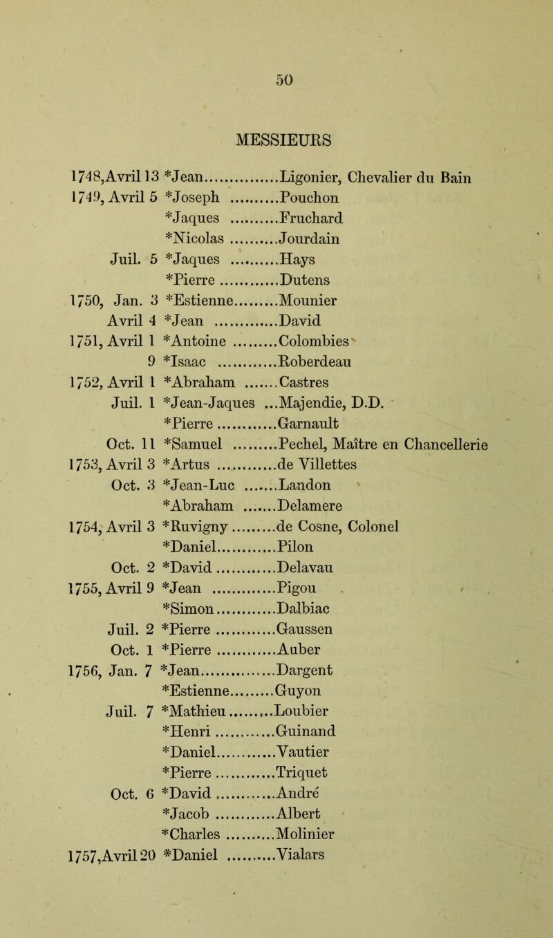 MESSIEURS 174 8, Avril 13 *Jean ...Ligonier, Chevalier du Bain 174-9, Avril 5 * Joseph ...Pouchon *Jaques ...Fruchard *Mcolas ...Jourdain Juil. 5 *Jaques ...Hays * Pierre ...Dutens 1750, Jan. 3 *Estienne ...Mounier Avril 4 *Jean ...David 1751, Avril 1 * Antoine ...Colombies 9 *Isaac ...Roberdeau 1752, Avril l * Abraham .... ...Castres Juil. 1 *Jean-Jaques ...Majendie, D.D. *Pierre ...Garnault Oct. 11 *Samuel ...Pechel, Maitre en Chancellerie 1753, Avril 3 *Artus ...de Villettes Oct. 3 * Jean-Luc .... ...Landon * Abraham ...Delamere 1754, Avril 3 *Ruvigny ,..de Cosne, Colonel *Daniel ...Pilon Oct. 2 *David ...Delavau 1755, Avril 9 *Jean ...Pigou *Simon ...Dalbiac Juil. 2 *Pierre ...Gaussen Oct. 1 *Pierre ...Auber 1756, Jan. 7 *Jean ..Dargent *Estienne ..Guyon Juil. 7 *Mathieu ..Loubier *Henri ..Guinand *Daniel ...Yautier *Pierre ..Triquet Oct. 6 *David ..Andre * Jacob ..Albert * Charles ..Molinier 1757,Avril 20 ^Daniel ...Yialars