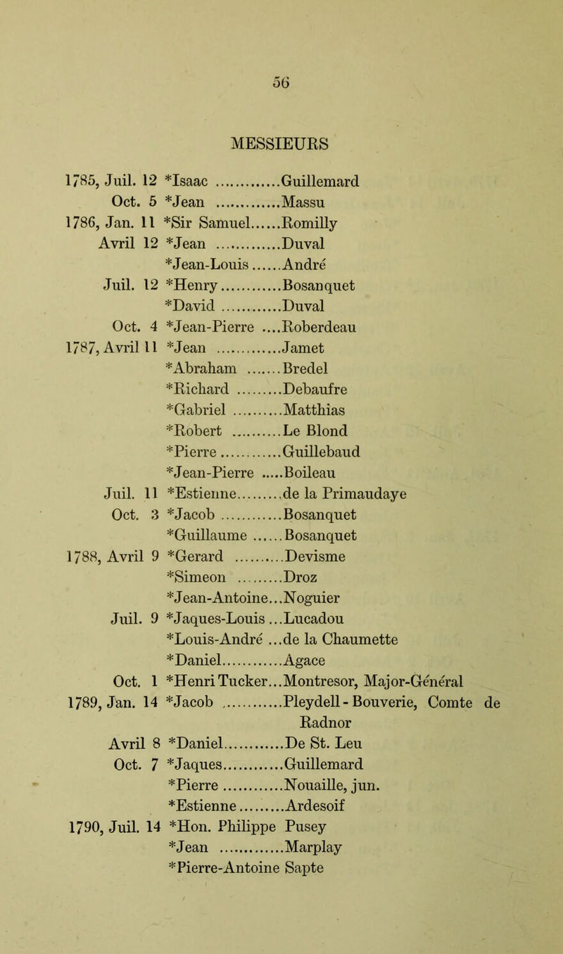 MESSIEURS 1785, Juil. 12 *Isaac Guillemard Oct. 5 *Jean Massu 1786, Jan. 11 *Sir Samuel Romilly Avril 12 *Jean Duval * Jean-Louis Andre Juil. 12 *Henry Bosanquet *David Duval Oct. 4 *Jean-Pierre ....Roberdeau 1787, Avril 11 *Jean Jamet * Abraham Bredel *Richard Debaufre * Gabriel Matthias *Robert Le Blond * Pierre Guillebaud *Jean-Pierre Boileau Juil. 11 *Estienne de la Primaudaye Oct. 3 *Jacob Bosanquet *Guillaume Bosanquet 1788, Avril 9 *Gerard Devisme *Simeon Droz * Jean-Antoine.. .Noguier Juil. 9 *Jaques-Louis ...Lucadou *Louis-Andre ...de la Chaumette * Daniel Agace Oct. 1 *Henri Tucker... Montresor, Major-General 1789, Jan. 14 *Jacob Pleydell - Bouverie, Comte de Radnor Avril 8 *Daniel De St. Leu Oct. 7 *Jaques Guillemard *Pierre Nouaille, jun. *Estienne Ardesoif 1790, Juil. 14 *Hon. Philippe Pusey *Jean Marplay * Pierre-Antoine Sapte
