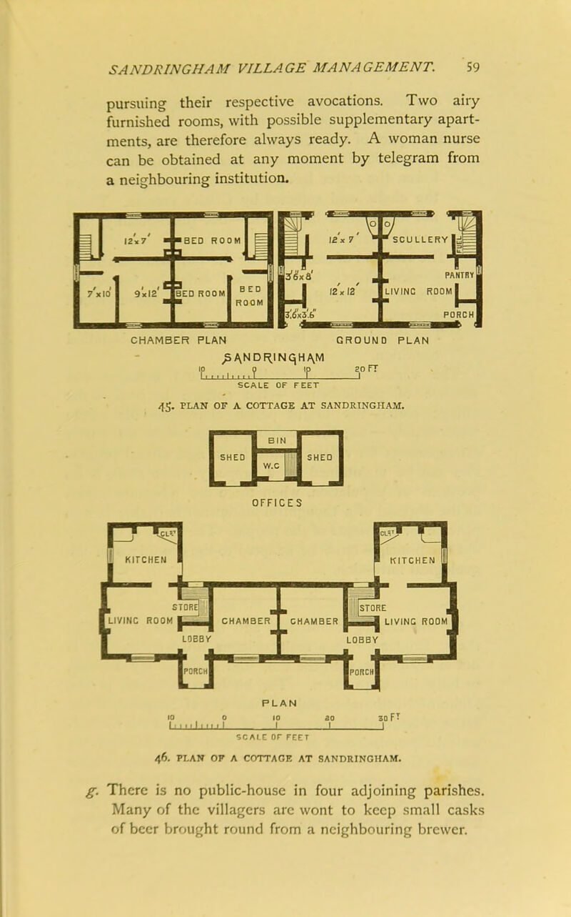 pursuing their respective avocations. Two airy furnished rooms, with possible supplementary apart- ments, are therefore always ready. A woman nurse can be obtained at any moment by telegram from a neighbouring institution. SCALE OF FEET 45. PLAN OF A COTTAGE AT SANDRINGHAM. OFFICES SCALE OF FEET 46. PLAN OF A COTTAGE AT SANDRINGHAM. g. There is no public-house in four adjoining parishes. Many of the villagers arc wont to keep small casks of beer brought round from a neighbouring brewer.