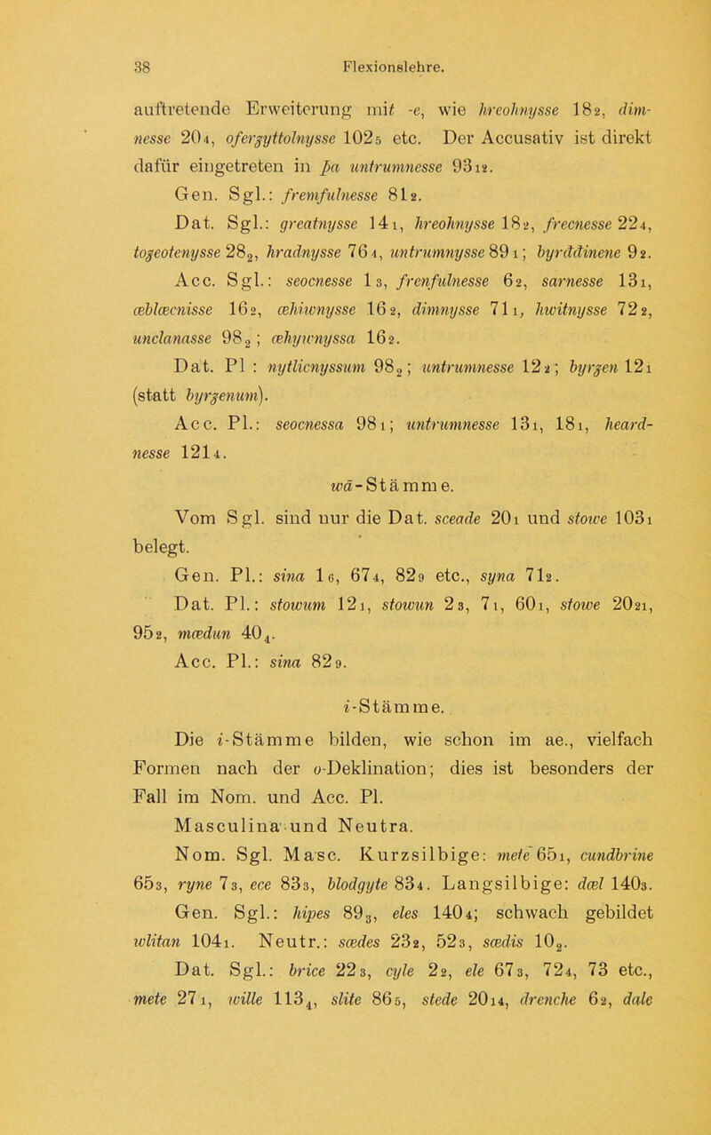auftretende Erweiterung mit -e, wie hreohnysse 182, dim- nesse 20 t, ofergyttolnysse 102s etc. Der Accusativ ist direkt dafür eingetreten in ßa untrumnesse 931*. Gen. Sgl.: fremfulnesse 812. Dat. Sgl.: greatnysse 141, hreohnysse 182, frecnesse 224, togeotenysse 28,, hradnysse 76i, untrumnysse 89 1; byrddinene 92. Acc. Sgl.: seoenesse 13, frenfulnesse 62, sarnesse 131, ceblcecnisse 162, cehiwnysse 16 2, dimnysse 711, hwitnysse 72 2, unclanasse 98 2; cehywnyssa 16 2. Dat. PI : nytlicnyssum 982; untrumnesse 122; byrgen 121 (statt byrgenum). Acc. PL: seoenessa 981; untrumnesse 131, 181, heard- nesse 1214. «iß-Stämm e. Vom Sgl. sind nur die Dat. sceade 20i und stoice 1031 belegt. Gen. PL: sina 1g, 674, 829 etc., syna 7D. Dat. PL: stowum 121, stowun 23, 71, 601, stowe 2021, 902, moedun 40 4. Acc. PL: sina 829. i-Stämme. Die i-Stämme bilden, wie schon im ae., vielfach Formen nach der o-Deklination; dies ist besonders der Fall im Nom. und Acc. PL Masculina und Neutra, Nom. Sgl. Masc. Kurzsilbige: mete 65i, cundbrine 603, ryne 73, ece 83s, blodgyte 834. Langsilbige: dcel 1403. Gen. Sgl.: hipes 893, eles 1404; schwach gebildet wlitan 1041. Neutr.: scedes 232, 52s, scedis 102. Dat. Sgl.: brice 22 3, cyle 22, eie 67s, 724, 73 etc., mete 271, wille 1131, slite 865, stede 2014, drenclie 62, dale