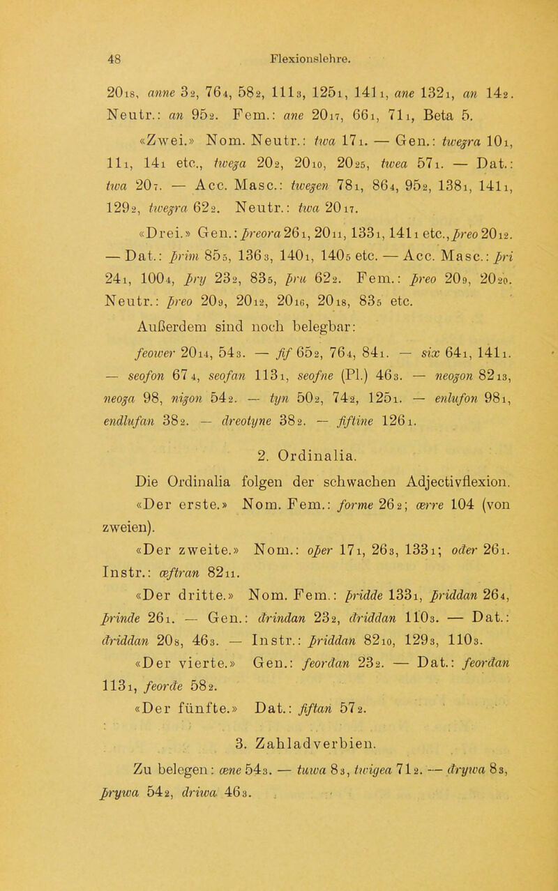 20i8, atme 3a, 704, 58a, lila, 125i, 1411, ane 1321, an 142. Neutr.: an 95a. Fern.: ane 20n, 661, 711, Beta 5. «Zwei.» Nom. Neutr.: twa 171. — Gen.: twegra 101, 111, 14i etc., tivega 202, 20io, 2O25, twea 571. — Dat.: twa 20-. — Acc. Masc.: twegen 78i, 864, 95a, 1381, 1411, 1292, twegra622. Neutr.: twa 2017. «Drei.» Gen.:preora 261, 2011, 1331,1411 etc.,preo 20i2. — Dat.: prim 85s, 1363, 1401, 140s etc. — Acc. Masc.: pH 24i, IOO4, pnj 232, 835, pru 622. Fern.: preo 20g, 2O20. Neutr.: preo 20g, 20i2, 20io, 20is, 83s etc. Außerdem sind noch belegbar: feoiver 20ii, 543. — A/652, 764, 84i. — six 64i, 1411. — seofon 67 4, seofan 1131, seofne (PI.) 403. — neogon 82i3, neoga 98, nigon 542. — tyn 502, 74a, 125i. — enlufon 981, endlufan 382. — dreotyne 382. — fiftine 1261. 2. Ordinalia. Die Ordinalia folgen der schwachen Adjectivflexion. «Der erste.» Nom. Fern.: forme 262; cerre 104 (von zweien). «Der zweite.» Nom.: oper 171, 263, 1331; oder 26i. Instr.: ceftran 82n. «Der dritte.» Nom. Fern.: pridde 1331, priddan 264, prinde 26i. — Gen.: ctrindan 232, ctriddan IIO3. — Dat.: driddan 20s, 463. — Instr.: priddan 8210, 1293, IIO3. «Der vierte.» Gen.: feordan 23a. — Dat.: feordan 113 x, feorde 58 a. «Der fünfte.» Dat.: fiftan 572. 3. Zahladverbien. Zu belegen : eene 54s. — tuwa 83, twigea 71a. — drywa 83, prywa 542, driwa 46 3.