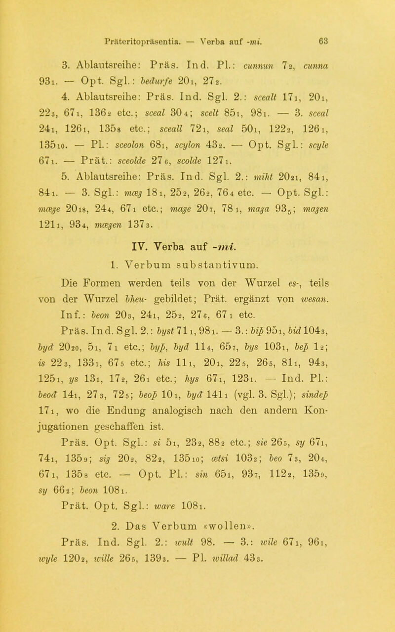 3. Ablautsreihe: Präs. Ind. PL: cunnun 72, cunna 93i. — Opt. Sgl.: bedürfe 20i, 272. 4. Ablautsreihe: Präs. Ind. Sgl. 2.: scealt 17i, 20i, 22s, 671, 1362 etc.; sceal 304; scelt 851, 981. — 3. sceal 24i, 1261, 135s etc.; sceall 721, seal 50i, 1222, 1261, 135io. — PL: sceolon 681, scylon 432. — Opt. Sgl.: scyle 671. — Prät.: sceolde 27 g, scolde 1271. 5. Ablautsreihe: Präs. Ind. Sgl. 2.: milit 2O21, 841, 841. — 3. Sgl.: mceg 181, 252, 262, 76 1 etc. — Opt. Sgl.: messe 20i8, 244, 671 etc.; mage 20z, 78 1, maga 935; magen 1211, 934, meegen 1373. IV. Verba auf -mi. 1. Verbum substantivum. Die Formen werden teils von der Wurzel es-, teils von der Wurzel blieu- gebildet; Prät. ergänzt von wesan. Inf.: beon 2O3, 24i, 252, 276, 67 1 etc. Präs. Ind. Sgl. 2.: byst 711, 981. — 3.: biß 95i, bid 1043, byd 2O20, 5i, 7i etc.; byß, byd II4, 65z, bys 103i, bep 12; is 223, 1331, 67ö etc.; Ms 111, 20i, 22s, 26s, 811, 943, 1251, ys 13i, 172, 26i etc.; Mjs 671, 123i. — Ind. PL: beod 14i, 27 3, 72s; beop 101, byd 141i (vgl. 3. Sgl.); sindep 171, wo die Endung analogisch nach den andern Kon- jugationen geschaffen ist. Präs. Opt. Sgl.: si 5i, 232, 882 etc.; sie 26s, sy 671, 741, 1359; sig 2O2, 822, 13510; cetsi 103a; beo 73, 204, 671, 1308 etc. — Opt. PL: sin 65i, 937, 1122, 135o, sy 662; beon 1081. Prät. Opt. Sgl.: wäre IO81. 2. Das Verbum «wollen». Präs. Ind. Sgl. 2.: ivult 98. — 3.: teile 671, 961, wyle 1202, wille 26s, 1393. — PL loillad 433.