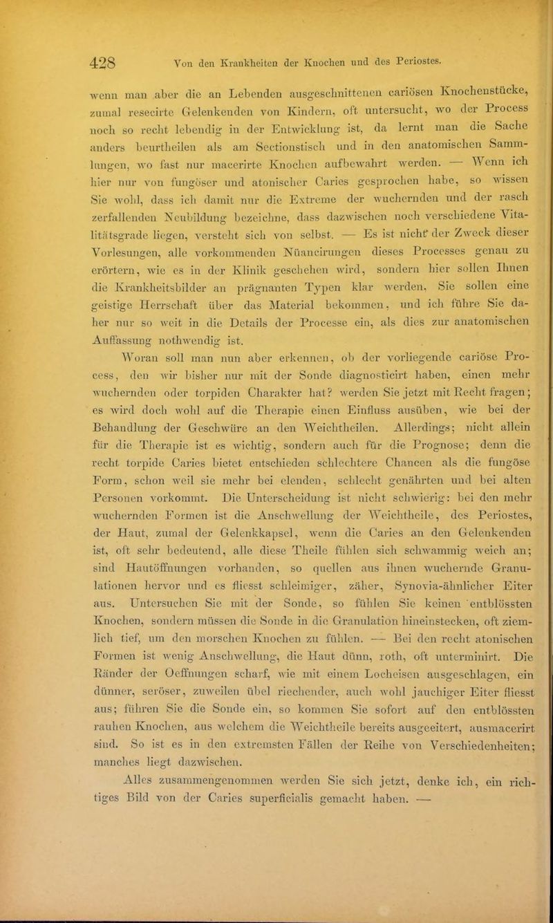 wenn man aber die an Lebenden ausgeschnittenen cariösen Knochenstücke, zumal resecirte Gelenkenden von Kindern, oft untersucht, wo der Process noch so recht lebendig in der Entwicklung ist, da lernt man die Sache anders beurtheilen als am Sectionstiscli und in den anatomischen Samm- lungen, wo fast nur macerirte Knochen aufbewahrt werden. Wenn ich hier nur von fungoser und atonischer Caries gesprochen habe, so wissen Sie wohl, dass ich damit nur die Extreme der wuchernden und der rasch zerfallenden Neubildung bezeichne, dass dazwischen noch verschiedene Vita- litätsgrade liegen, versteht sich von selbst. — Es ist nichts der Zweck dieser Vorlesungen, alle vorkommenden Nüancirungen dieses Processes genau zu erörtern, wie es in der Klinik geschehen wird, sondern hier sollen Ihnen die Krankheitsbilder an prägnanten Typen klar werden, Sie sollen eine geistige Herrschaft über das Material bekommen, und ich führe Sie da- her nur so weit in die Details der Processe ein, als dies zur anatomischen Auffassung nothwendig ist. Woran soll man nun aber erkennen, ob der vorliegende cariöse Pro- cess, den wir bisher nur mit der Sonde diagnosticirt haben, einen mehr wuchernden oder torpiden Charakter hat? werden Sie jetzt mit Recht fragen} es wird doch wohl auf die Therapie einen Einfluss ansüben, wie bei der Behandlung der Geschwüre an den Weichtheilen. Allerdings; nicht allein für die Therapie ist es wichtig, sondern auch für die Prognose; denn die recht torpide Caries bietet entschieden schlechtere Chancen als die fungöse Form, schon weil sie mehr bei elenden, schlecht genährten und bei alten Personen vorkommt. Die Unterscheidung ist nicht schwierig: bei den mehr wuchernden Formen ist die Anschwellung der Weichtheile, des Periostes, der Haut, zumal der Gelenkkapsel, wenn die Caries an den Gelenkenden ist, oft sehr bedeutend, alle diese Theile fühlen sich schwammig weich an; sind Hautöffnungen vorhanden, so quellen aus ihnen wuchernde Granu- lationen hervor und es fliesst schleimiger, zäher, Synovia-ähnlicher Eiter aus. Untersuchen Sie mit der Sonde, so fühlen Sie keinen entblössten Knochen, sondern müssen die Sonde in die Granulation hineinstecken, oft ziem- lich tief, um den morschen Knochen zu fühlen. — Bei den recht atonischen Formen ist wenig Anschwellung, die Haut dünn, roth, oft unterminirt. Die Ränder der Oeffnungen scharf, wie mit einem Locheisen ausgeschlagen, ein dünner, seröser, zuweilen übel riechender, auch wohl jauchiger Eiter fliesst aus; führen Sie die Sonde ein, so kommen Sie sofort auf den entblössten rauhen Knochen, aus welchem die Weichtheile bereits ausgeeitert, ausmacerirt sind. So ist es in den extremsten Fällen der Reihe von Verschiedenheiten; manches liegt dazwischen. Alles zusammengenommen werden Sie sich jetzt, denke ich, ein rich- tiges Bild von der Caries superficialis gemacht haben. —