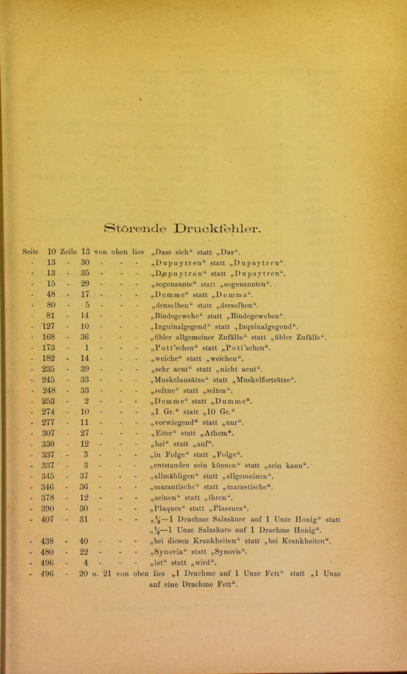 Störende Druckfehler. Seite 10 Zeile 13 von oben lies „Dass sich“ statt „Das“. - 13 - 30 - - - „Dupuytren“ statt „Dupaytren“. - 13 - 35 - - - „Dupuytren“ statt „Dupaytren“. - 15 - 29 - - - „sogenannte“ statt „sogenannten“. - 48 - 17 - - - „ D e m in e “ statt „Dem m a “. - 80 - 5 - - - „denselben“ statt „derselben“. - 81 - 14 - - - „Bindegewebe“ statt „Bindegeweben“. - 127 - 10 - - - „Inguinalgegend“ statt „Inquinalgegend“. - 168 •- 36 - - - „übler allgemeiner Zufälle“ statt „übler Zufälle“. - 173 - 1 - - - „Pott’schen“ statt „Poti’schen“. - 182 - 14 - - - „weiche“ statt „weichen“. - 235 - 39 - - - „sehr acut“ statt „nicht acut“. - 245 - 33 - - - „Muskelansätze“ statt „Muskelfortsätze“. - 248 - 33 - - - „seltne“ statt „selten“. - 253 - 2 - - - „Demrne“ statt „Dumme“. - 274 - 10 - - - „1 Gr.“ statt „10 Gr.“ - 277 - 11 - - - „vorwiegend“ statt „nur“. - 307 - 27 - - - „Eiter“ statt „Athem“. - 330 - 12 - - - „bei“ statt „auf“. - 337 - 3 - - - ■ „in Folge“ statt „Folge“. - 337 - 3 - - - „entstanden sein können“ statt „sein kann“. - 345 - 37 - - - „allmähligen“ statt „allgemeinen“. - 346 - 36 - - - „marantische“ statt „marastische“. - 378 - 12 - - - „seinen“ statt „ihren“. - 390 - 30 - - - „Plaques“ statt „Plassucs“. - 407 ■ 31 - - - —1 Drachme Salzsäure auf 1 Unze Honig“ statt „x/2—1 Unze Salzsäure auf 1 Drachme Honig“. - 438 - 40 - - - „bei diesen Krankheiten“ statt „bei Krankheiten“. - 480 - 22 - - - „Synovia“ statt „Synovis“. - 496 - 4 - - - „ist“ statt „wird“. - 496 - 20 u. 21 von oben lies „1 Drachme auf 1 Unze Fett“ statt „1 Unze auf eine Drachme Fett“.