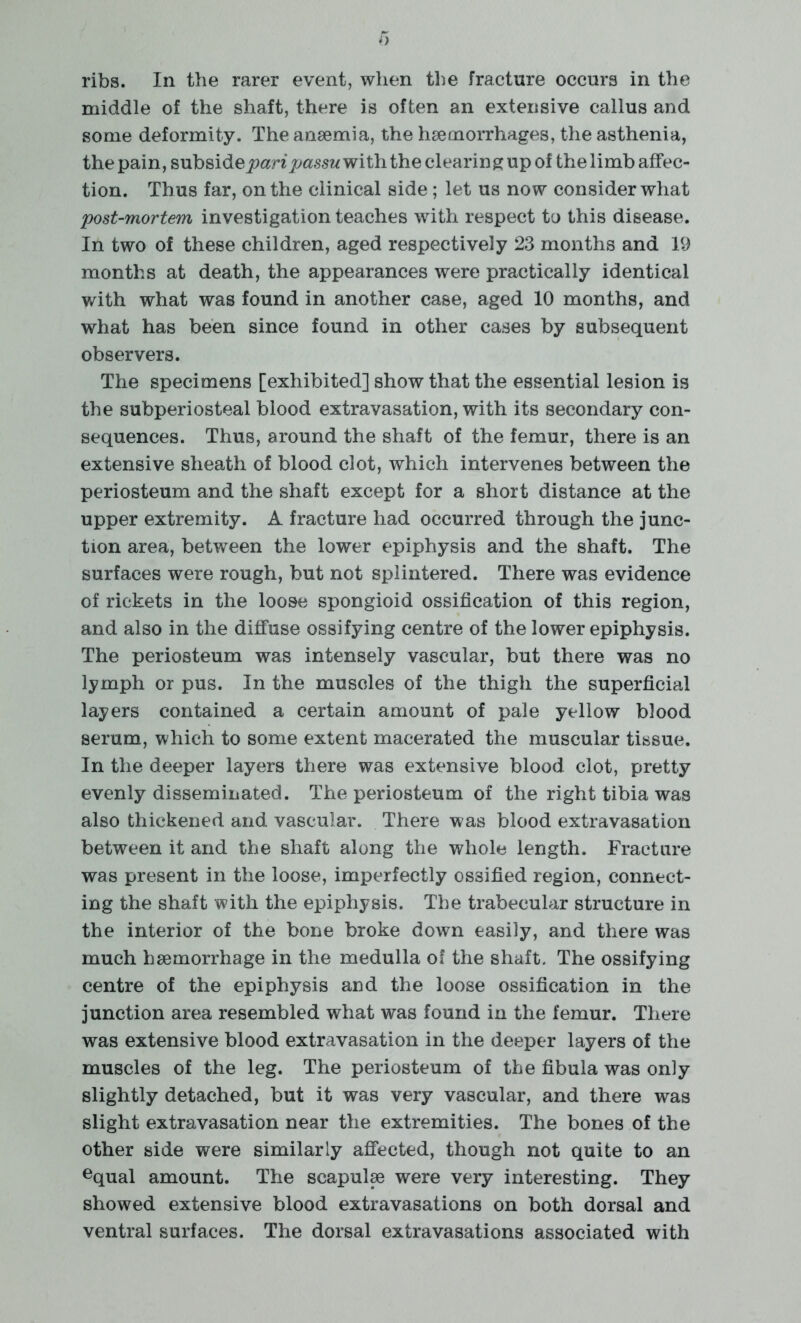 ribs. In the rarer event, when the fracture occurs in the middle of the shaft, there is often an extensive callus and some deformity. The anaemia, the haemorrhages, the asthenia, the pain, subside^njyassw with the clearing up of the limb affec- tion. Thus far, on the clinical side; let us now consider what post-mortem investigation teaches with respect to this disease. In two of these children, aged respectively 23 months and 19 months at death, the appearances were practically identical with what was found in another case, aged 10 months, and what has been since found in other cases by subsequent observers. The specimens [exhibited] show that the essential lesion is the subperiosteal blood extravasation, with its secondary con- sequences. Thus, around the shaft of the femur, there is an extensive sheath of blood clot, which intervenes between the periosteum and the shaft except for a short distance at the upper extremity. A fracture had occurred through the junc- tion area, between the lower epiphysis and the shaft. The surfaces were rough, but not splintered. There was evidence of rickets in the loose spongioid ossification of this region, and also in the diffuse ossifying centre of the lower epiphysis. The periosteum was intensely vascular, but there was no lymph or pus. In the muscles of the thigh the superficial layers contained a certain amount of pale yellow blood serum, which to some extent macerated the muscular tissue. In the deeper layers there was extensive blood clot, pretty evenly disseminated. The periosteum of the right tibia was also thickened and vascular. There was blood extravasation between it and the shaft along the whole length. Fracture was present in the loose, inqjerfectly ossified region, connect- ing the shaft with the epiphysis. The trabecular structure in the interior of the bone broke down easily, and there was much haemorrhage in the medulla of the shaft. The ossifying centre of the epiphysis and the loose ossification in the junction area resembled what was found in the femur. There was extensive blood extravasation in the deeper layers of the muscles of the leg. The periosteum of the fibula was only slightly detached, but it was very vascular, and there was slight extravasation near the extremities. The bones of the other side were similarly affected, though not quite to an equal amount. The scapulae were very interesting. They showed extensive blood extravasations on both dorsal and ventral surfaces. The dorsal extravasations associated with