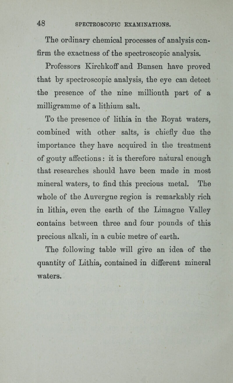 The ordinary chemical processes of analysis con- firm the exactness of the spectroscopic analysis. Professors Kirchkoff and Bunsen have proved that by spectroscopic analysis, the eye can detect the presence of the nine millionth part of a milligramme of a lithium salt. To the presence of lithia in the Royat waters, combined with other salts, is chiefly due the importance they have acquired in the treatment of gouty affections : it is therefore natural enough that researches should have been made in most mineral waters, to find this precious metal. The whole of the Auvergne region is remarkably rich in lithia, even the earth of the Limagne Valley contains between three and four pounds of this precious alkali, in a cubic metre of earth. The following table will give an idea of the quantity of Lithia, contained in different mineral waters.