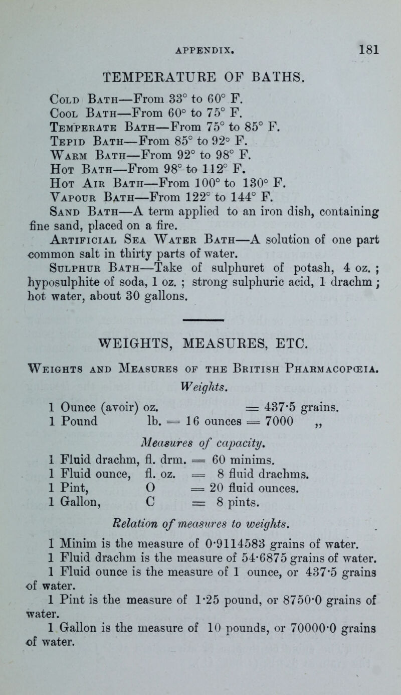 TEMPERATURE OF BATHS. Cold Bath—From 33° to 60° F. Cool Bath—From 60° to 75° F. Temperate Bath—From 75° to 85° F. Tepid Bath—From 85° to 92° F. Warm Bath—From 92° to 98° F. Hot Bath—From 98° to 112° F. Hot Air Bath—From 100° to 130° F. Vapour Bath—From 122° to 144° F. Sand Bath—A term applied to an iron dish, containing fine sand, placed on a fire. Artificial Sea Water Bath—A solution of one part common salt in thirty parts of water. Sulphur Bath—Take of sulphuret of potash, 4 oz. ; hyposulphite of soda, 1 oz. ; strong sulphuric acid, 1 drachm; hot water, about 30 gallons. WEIGHTS, MEASURES, ETC. Weights and Measures of the British Pharmacopoeia. Weights. 1 Ounce (avoir) oz. = 437*5 grains. 1 Pound lb. = 16 ounces = 7000 „ Measures of capacity. 1 Fluid drachm, fl. drm. == 60 minims. 1 Fluid ounce, fl. oz. = 8 fluid drachms. 1 Pint, O = 20 fluid ounces. 1 Gallon, C =8 pints. Relation of measures to weights. 1 Minim is the measure of 0*9114583 grains of water. 1 Fluid drachm is the measure of 54*6875 grains of water. 1 Fluid ounce is the measure of 1 ounce, or 437*5 grains of water. 1 Pint is the measure of 1*25 pound, or 8750*0 grains of water. 1 Gallon is the measure of 10 pounds, or 70000*0 grains of water.