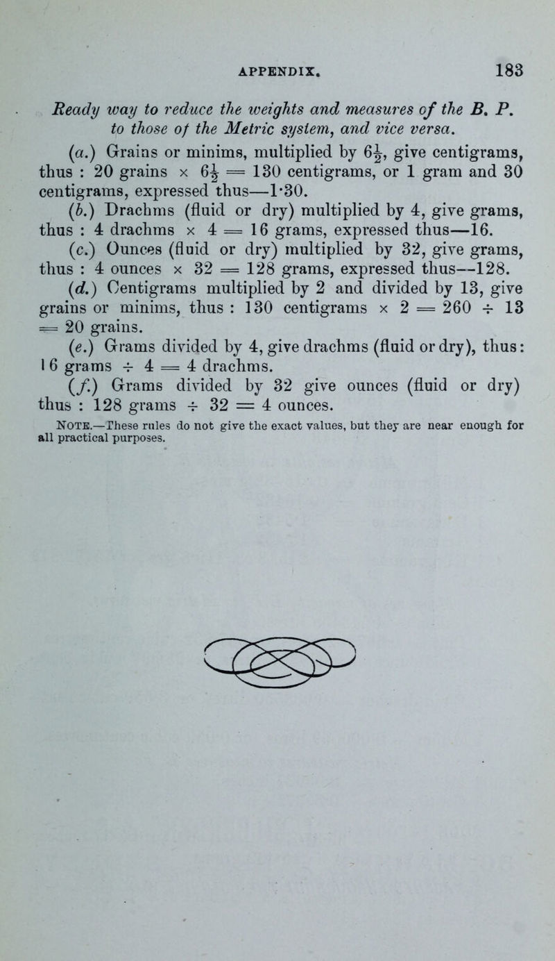 Ready ivay to reduce the weights and measures of the B, P. to those of the Metric system, and vice versa. (a.) Grains or minims, multiplied by 6^, give centigrams, thus : 20 grains x 6^ = 130 centigrams, or 1 gram and 30 centigrams, expressed thus—1-30. (b.) Drachms (fluid or dry) multiplied by 4, give grams, thus : 4 drachms x 4=16 grams, expressed thus—16. (c.) Ounces (fluid or dry) multiplied by 32, give grams, thus : 4 ounces x 32 = 128 grams, expressed thus—128. (d.) Centigrams multiplied by 2 and divided by 13, give grains or minims, thus : 130 centigrams x 2 = 260 -r 13 ===20 grains. (e.) Grams divided by 4, give drachms (fluid or dry), thus: 1 6 grams -f 4 = 4 drachms. (/.) Grams divided by 32 give ounces (fluid or dry) thus : 128 grams -f- 32 = 4 ounces. Note.—Ihese rules do not give the exact values, but they are near enough for all practical purposes.