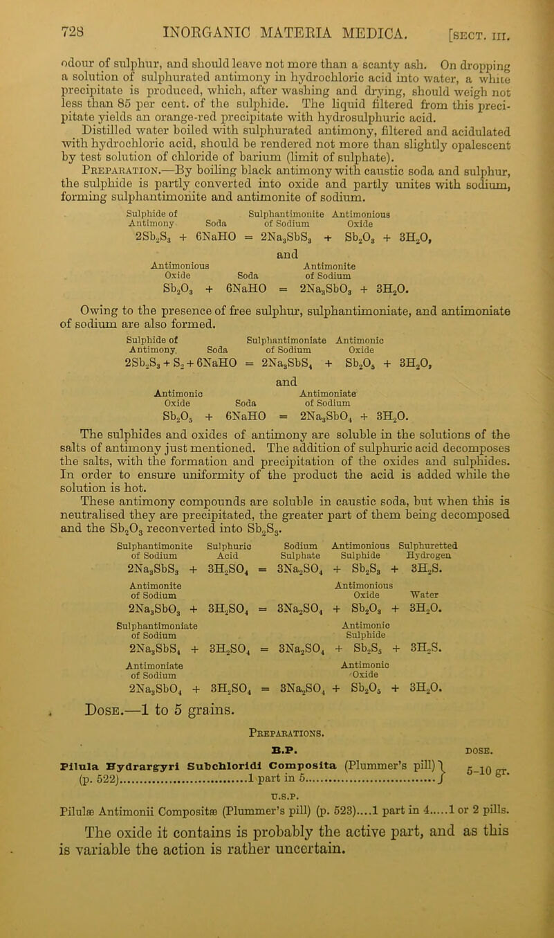 odour of sulphur, and should leave not more than a scanty ash. On dropping a solution of sulphurated antimony in hydrochloric acid into water, a white precipitate is produced, which, after washing and drying, should weigh not less than 85 per cent, of the sulphide. The liquid filtered from this preci- pitate yields an orange-red precipitate with hydrosulphuric acid. Distilled water boiled with sulphurated antimony, filtered and acidulated with hydrochloric acid, should he rendered not more than slightly opalescent by test solution of chloride of barium (limit of sulphate). Preparation.—By boiling black antimony with caustic soda and sulphur, the sulphide is partly converted into oxide and partly unites with sodium, forming sulphantimonite and antimonite of sodium. Sulphide of Sulphantimonite Antimonious Antimony Soda of Sodium Oxide 2Sb2S3 + 6NaHO = 2Na3SbS3 + Sb203 + 3H20, and Antimonious Antimonite Oxide Soda of Sodium Sb203 + 6NaHO = 2Na3Sb03 + 3H20. Owing to the presence of free sulphur, sulphantimoniate, and antimoniate of sodium are also formed. Sulphide of Sulphantimoniate Antimonic Antimony. Soda of Sodium Oxide 2Sb2S3 + So + GNaHO = 2Na3SbS4 + Sb205 + 3H20, Antimonic Oxide Sb205 + and Antimoniate Soda of Sodium GNaHO = 2Na3Sb04 + 3H20. The sulphides and oxides of antimony are soluble in the solutions of the salts of antimony just mentioned. The addition of sulphuric acid decomposes the salts, with the formation and precipitation of the oxides and sulphides. In order to ensure uniformity of the product the acid is added while the solution is hot. These antimony compounds are soluble in caustic soda, but when this is neutralised they are precipitated, the greater part of them being decomposed and the Sb203 reconverted into Sb3S3. Sulphantimonite Sulphuric of Sodium Acid 2Na3SbS3 + 3H„S04 Antimonite of Sodium 2Na3Sb03 + 3H2S04 Sulphantimoniate of Sodium 2Na3SbS4 + 3H2S04 Antimoniate of Sodium 2Na3Sb04 + 3H2S04 Dose.—1 to 5 grains. Sodium Antimonious Sulphuretted Sulphate Sulphide Hydrogen 3Na2S04 + Sb2S3 + 3H2S. Antimonious Oxide Water 3Na2S04 + Sb203 + 3H20. Antimonic Sulphide 3Na2S04 + Sb2S3 + 3H2S. Antimonic Oxide 3Na2S04 + Sb2Os + 3H20. Preparations. B.P. Fllula Hydrargyri Subcblorldi Composita (Plummer’s pill) (p. 522) 1 part in 5 } DOSE. 5-10 gr. u.s.p. Pilulse Antimonii Composit® (Plummer’s pill) (p. 523)....1 part in 4 1 or 2 pills. The oxicle it contains is probably the active part, and as this is variable the action is rather uncertain.