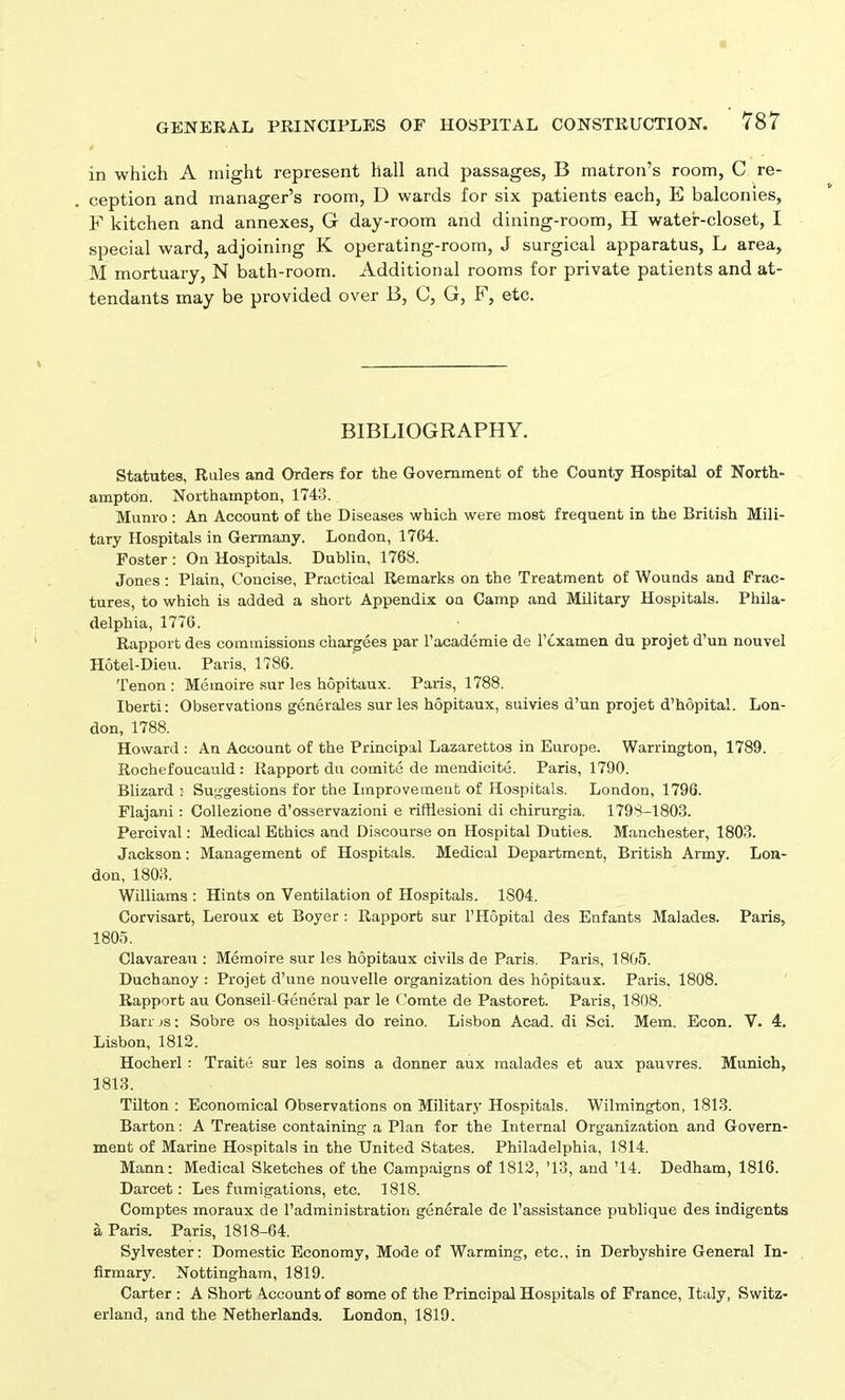 in which A might represent hall and passages, B matron’s room, C re- ception and manager’s room, D wards for six patients each, E balconies, F kitchen and annexes, G day-room and dining-room, H water-closet, I special ward, adjoining K operating-room, J surgical apparatus, L area, M mortuary, N bath-room. Additional rooms for private patients and at- tendants may be provided over B, C, G, F, etc. BIBLIOGRAPHY. Statutes, Rules and Orders for the Government of the County Hospital of North- ampton. Northampton, 1743. Munro : An Account of the Diseases which were most frequent in the British Mili- tary Hospitals in Germany. London, 1764. Foster : On Hospitals. Dublin, 1768. Jones : Plain, Concise, Practical Remarks on the Treatment of Wounds and Frac- tures, to which is added a short Appendix on Camp and Military Hospitals. Phila- delphia, 1776. Rapport des commissions chargees par l’academie de l’cxamen du projet d’un nouvel IIotel-Dieu. Paris, 1786. Tenon : Memoire sur les hopitaux. Paris, 1788. Iberti: Observations generales sur les hopitaux, suivies d’un projet d’hSpital. Lon- don, 1788. Howard : An Account of the Principal Lazarettos in Europe. Warrington, 1789. Rochefoucauld : Rapport du comite de mendicite. Paris, 1790. Blizard : Suggestions for the Improvement of Hospitals. London, 1796. Flajani: Collezione d’osservazioni e rithesioni di chirurgia. 1798-1803. Percival: Medical Ethics and Discourse on Hospital Duties. Manchester, 1803. Jackson: Management of Hospitals. Medical Department, British Army. Lon- don, 1803. Williams : Hints on Ventilation of Hospitals. 1804. Corvisart, Leroux et Boyer : Rapport sur l’Hopital des Enfants Malades. Paris, 1805. Clavareau : Memoire sur les hopitaux civils de Paris. Paris, 1805. Duchanoy : Projet d’une nouvelle organization des hopitaux. Paris, 1808. Rapport au Conseil-General par le Comte de Pastoret. Paris, 1808. Barrjs: Sobre os hospitales do reino. Lisbon Acad, di Sci. Mem. Econ. V. 4. Lisbon, 1812. Hocherl : Traite sur les soins a donner aux malades et aux pauvres. Munich, 1813. Tilton : Economical Observations on Military Hospitals. Wilmington, 1813. Barton: A Treatise containing a Plan for the Internal Organization and Govern- ment of Marine Hospitals in the United States. Philadelphia, 1814. Mann: Medical Sketches of the Campaigns of 1812, ’13, and ’14. Dedham, 1816. Darcet: Les fumigations, etc. 1818. Comptes moraux de l’administration generale de l’assistance publique des indigents a Paris. Paris, 1818-64. Sylvester: Domestic Economy, Mode of Warming, etc., in Derbyshire General In- firmary. Nottingham, 1819. Carter : A Short Account of some of the Principal Hospitals of France, Italy, Switz- erland, and the Netherlands. London, 1819.