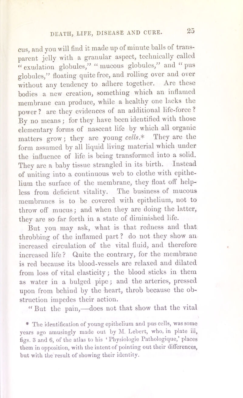 cus, and you will find it made up of miuute balls of trans- parent jelly with a granular aspect, technically called “ exudation globules,” “ mucous globules, and pus globules,” floating quite free, and rolling over and over without any tendency to adhere together. Are these bodies a new creation, something which an inflamed membrane can produce, while a healthy one lacks the power? are they evidences of an additional hfe-foice? By no means ; for they have been identified with those elementary forms of nascent life by which all organic matters grow; they are young cells* They are the form assumed by all liquid living material which under the influence of life is being transformed into a solid. They are a baby tissue strangled in its birth. Instead of uniting into a continuous web to clothe with epithe- lium the surface of the membrane, they float oft help- less from deficient vitality. The business of mucous membranes is to be covered with epithelium, not to throw off mucus; and when they are doing the latter, they are so far forth in a state of diminished life. But you may ask, what is that redness and that throbbing of the inflamed part ? do not they show an increased circulation of the vital fluid, and therefore increased life ? Quite the contrary, for the membrane is red because its blood-vessels are relaxed and dilated from loss of vital elasticity; the blood sticks in them as water in a bulged pipe; and the arteries, pressed upon from behind by the heart, throb because the ob- struction impedes their action. “ But the pain,—does not that show that the vital * The identification of young epithelium and pus cells, was some years ago amusingly made out by M. Lebert, who, in plate iii, figs. 3 and 6, of the atlas to his ‘ Physiologie Fathologique,’ places them in opposition, with the intent of pointing out their differences, but with the result of showing their identity.