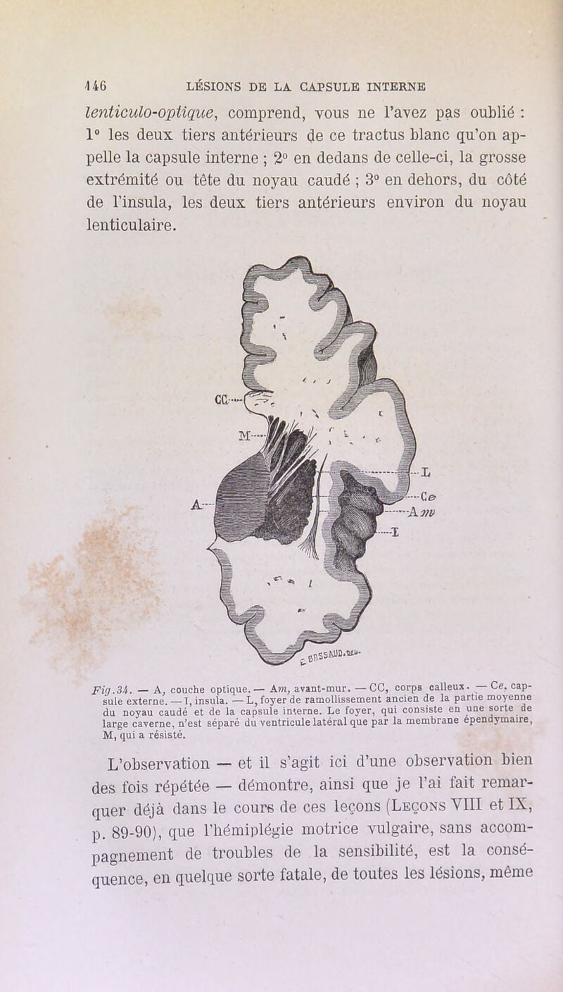 U6 LÉSIONS DE LA CAPSULE INTERNE lenticulo-optique, comprend, vous ne l’avez pas oublié : 1° les deux tiers antérieurs de ce tractus blanc qu’on ap- pelle la capsule interne ; 2° en dedans de celle-ci, la grosse extrémité ou tête du noyau caudé ; 3“ en dehors, du côté de l’insula, les deux tiers antérieurs environ du noyau lenticulaire. Fin.Si. — A, couche optique. — Am, avant-mur.—CC, corps calleux. — Ce, cap- sule externe. — I, insula. — L, foyer de ramollissement ancien de la partie moyenne du noyau caudé et de la capsule interne. Le foyer, qui consiste en une sorte de large caverne, n*est séparé du ventricule latéral que par la membrane ependymaire, M, qui a résisté. L’observation — et il s’agit ici d’une observation bien des fois répétée — démontre, ainsi que je l’ai fait remar- quer déjà dans le coure de ces leçons (Leçons VIII et IX, p. 89-90), que l’hémiplégie motrice vulgaire, sans accom- pagnement de troubles de la sensibilité, est la consé- quence, en quelque sorte fatale, de toutes les lésions, même