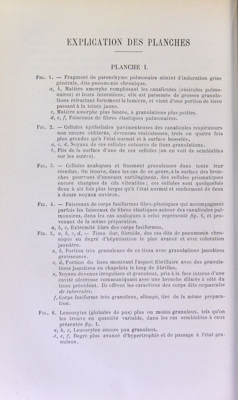 EXPLICATION DES PLANCHES PLANCHE I. Fig. 1. — Fragment de parenchyme pulmonaire atteint d’induration grise générale, dite pneumonie chronique. a, 6, Matière amorphe remplissant les canalicules (vésicules pulmo- naires) et leurs interstices; elle est parsemée de grosses granula- tions rélractant forteihent la lumière, et vient d’une portion de tissu passant à la teinte jaune. c. Matière amorphe plus foncée, à granulations plus petites. d, e, f, Faisceaux de fibres élastiques pulmonaires. Fig. 2. — Cellules épithéliales pavimenteuses des canalicules respirateurs non encore oblitérés, devenues vésiculeuses, trois ou quatre fois plus grandes qu’à l’état normal et à surface bosselée. a, c, d. Noyaux de ces cellules entourés de fines granulations. b, Plis de la surface d’une de ces cellules (on en voit de semblables sur les autres). Fig. 3. — Cellules analogues et finement granuleuses dans toute leur étendue. On trouve, dans les cas de ce genre, à la surface des bron- ches pourvues d’anneaux cartilagineux, des cellules prismatiques encore chargées de cils vibratiles ; ces cellules sont quelquefois deux à six fois plus larges qu’à l’état normal et renferment de deux à douze noyaux environ. Fig. 4. — Faisceaux de corps fusiformes fibro-plastiques qui accompagnent parfois les faisceaux de fibres élastiques autour des canalicules pul- monaires, dans les cas analogues à celui représenté fig. 1, et pro- venant de la même préparation. a, b, c, Extrémité libre des corps fusiformes, Fig. 5, a, b, c, d, — Tissu dur, fibroïde, des cas dits de pneumonie chro- nique au degré d’hépatisation le plus avancé et avec coloration jaunâtre. a, b, Portion très granuleuse de ce tissu avec granulations jaunâtres graisseuses. c, d. Portion du tissu montrant l’aspect fibrillaire avec des granula- tions jaunâtres en chapelets le long de fibrilles. e, Noyaux devenus irréguliers et granuleux, pris à la face interne d’une cavité ulcéreuse communiquant avec une bronche dilatée à côté du tissu précédent. Ils offrent les caractères des corps dits corpuscules de tubercides. /, Corps fusiforme très granuleux, allongé, tiré de la même prépara- tion. Fig. 6. Leucocyles (globules de pus) plus ou moins granuleux, tels qu’on les trouve en quantité variable, dans les cas semblables à ceux présentés fig. I. a, b, c, Leucocytes encore peu granuleux. d, e, ^ Pegré plus avancé d’hypertrophie et de passage à l’état gra- nuleux.