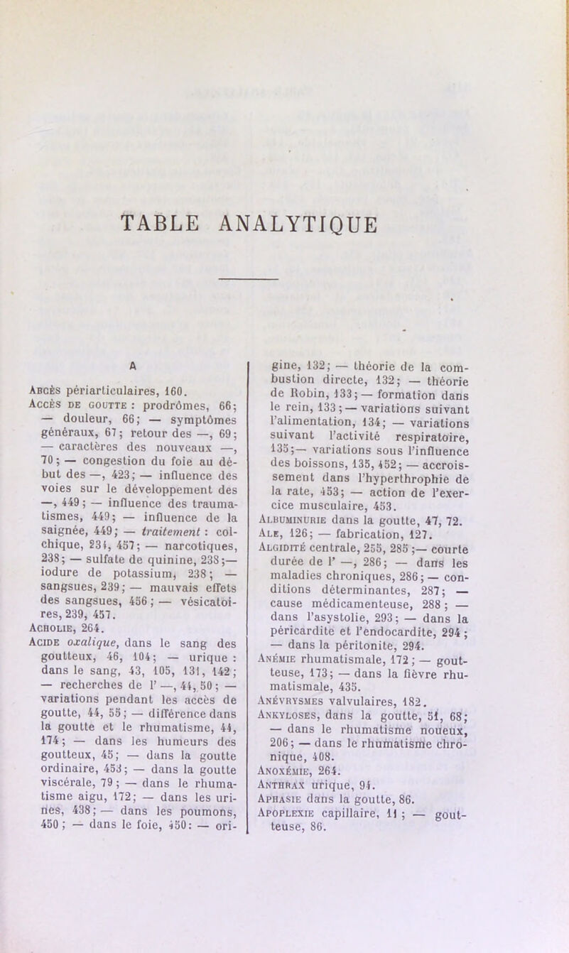 TABLE ANALYTIQUE A Abcès périarticulaires, 160. Accès de goutte : prodrômes, 66; — douleur, 66; — symptômes généraux, 67; retour des —, 69; — caractères des nouveaux —, 70; — congestion du foie au dé- but des —, 423; — influence des voies sur le développement des —, 449 ; — influence des trauma- tismes, 449; — influence de la saignée, 449 ; — traitement : col- chique, 234, 457; — narcotiques, 238; — sulfate de quinine, 238;— iodure de potassium, 238 ; — sangsues, 239 ;— mauvais effets des sangsues, 456 ; — vésicatoi- res, 239, 457. Acholie, 264. Acide oxalique, dans le sang des goutteux, 46, 104; — urique : dans le sang, 43, 105, 131, 142; — recherches de 1’—, 44, 50; — variations pendant les accès de goutte, 44, 55; — différence dans la goutte et le rhumatisme, 44, 174; — dans les humeurs des goutteux, 45; — dans la goutte ordinaire, 453; — dans la goutte viscérale, 79 ; — dans le rhuma- tisme aigu, 172; — dans les uri- nes, 438;— dans les poumons, 450 ; — dans le foie, 450: — ori- gine, 132; — théorie de la com- bustion directe, 132; — théorie de Robin, 133;— formation dans le rein, 133;—variations suivant l’alimentation, 134; — variations suivant l’activité respiratoire, 135;— variations sous l’influence des boissons, 135, 452; — accrois- sement dans l’hyperthrophie de la rate, 453; — action de l’exer- cice musculaire, 453. Albuminurie dans la goutte, 47, 72. Ale, 126; — fabrication, 127. Algidité centrale, 255, 285 ;— courte durée de 1’ —, 286; — dans les maladies chroniques, 286;— con- ditions déterminantes, 287; — cause médicamenteuse, 288 ; — dans l’asystolie, 293; — dans la péricardite et l’endocardite, 294 ; — dans la péritonite, 294. Anémie rhumatismale, 172 ; — gout- teuse, 173; — dans la fièvre rhu- matismale, 435. Anévrysmes valvulaires, 182. Ankylosés, dans la goutte, 51, 68; — dans le rhumatisme noueux, 206; — dans le rhumatisme chro- nique, 408. Anoxémie, 264. Anthrax urique, 94. Aphasie dans la goutte, 86. Apoplexie capillaire, 11 ; — gout- teuse, 86.